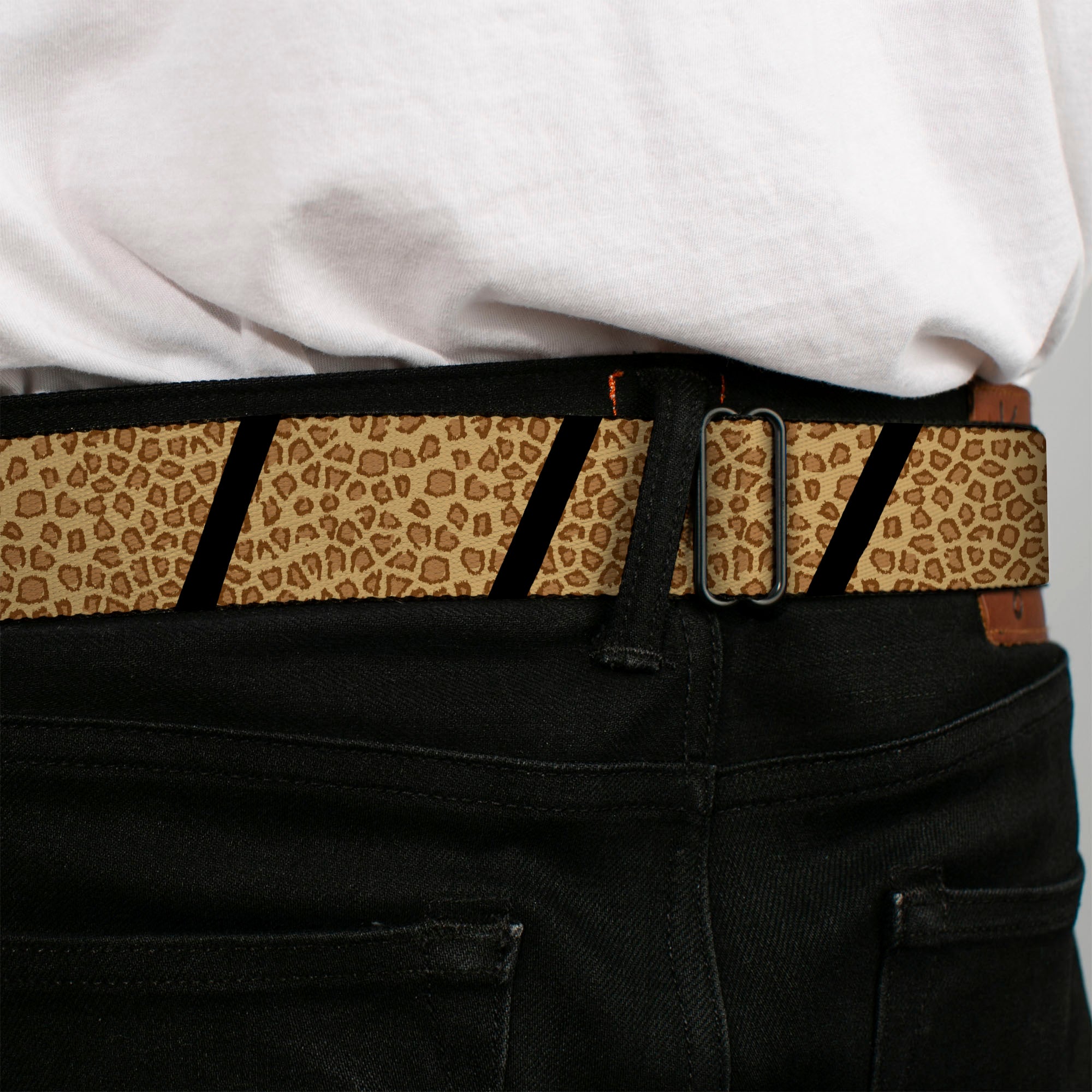 BD Wings Logo CLOSE-UP Full Color Black Silver Seatbelt Belt - Leopard Brown/Black Slash Webbing Seatbelt Belts Buckle-Down