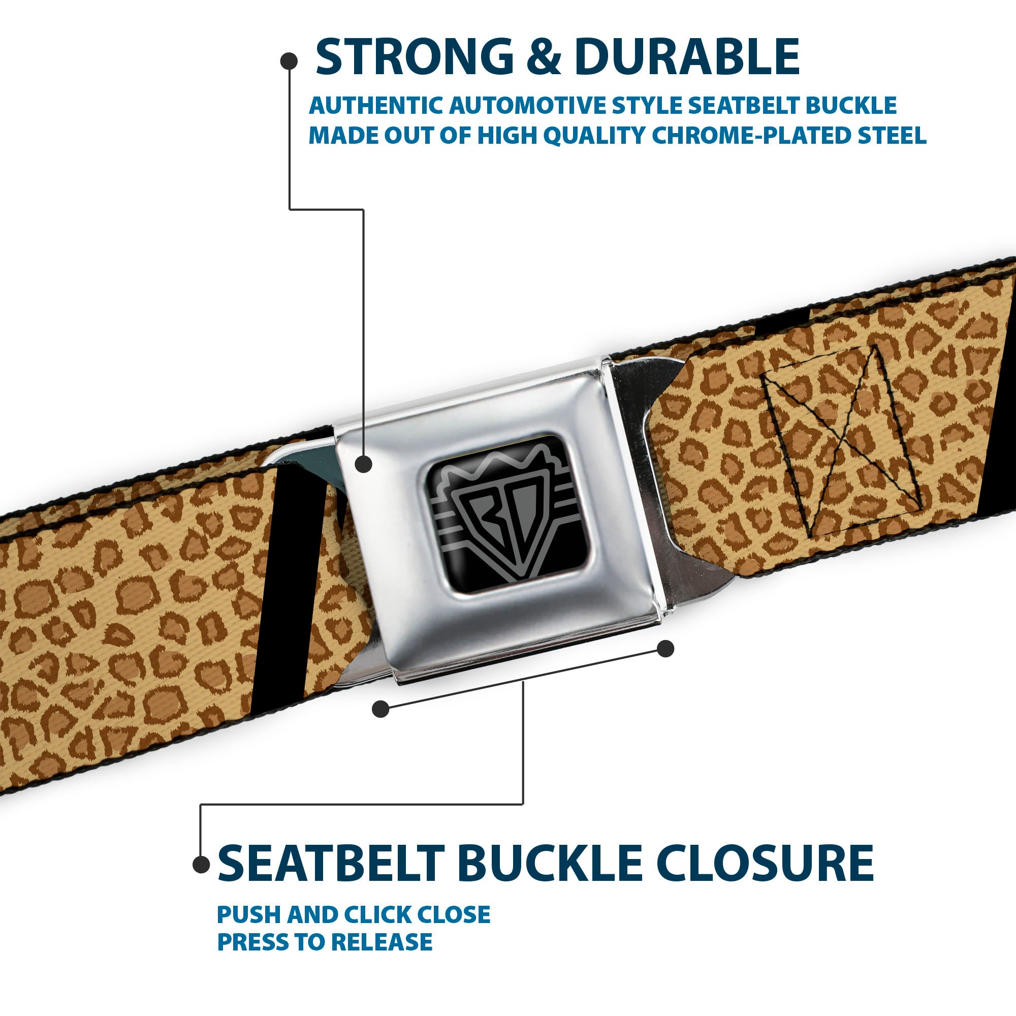 BD Wings Logo CLOSE-UP Full Color Black Silver Seatbelt Belt - Leopard Brown/Black Slash Webbing Seatbelt Belts Buckle-Down
