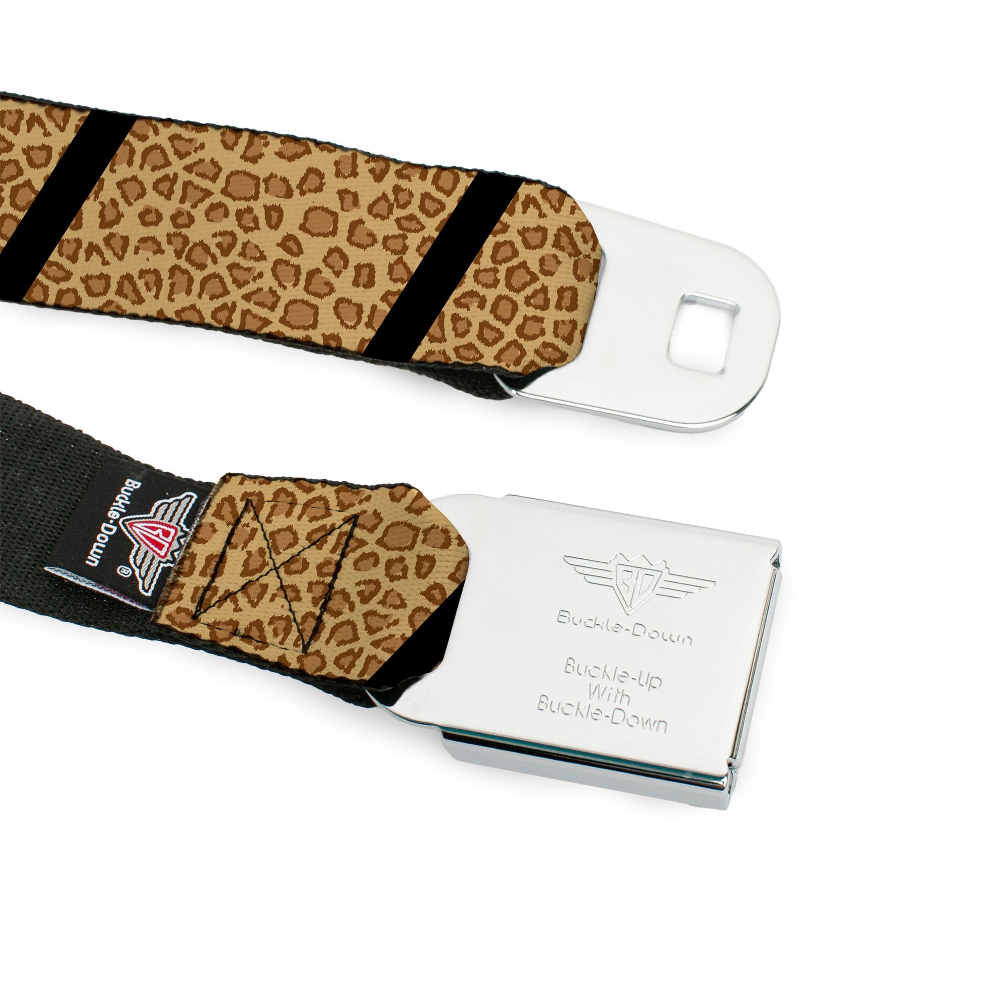 BD Wings Logo CLOSE-UP Full Color Black Silver Seatbelt Belt - Leopard Brown/Black Slash Webbing Seatbelt Belts Buckle-Down
