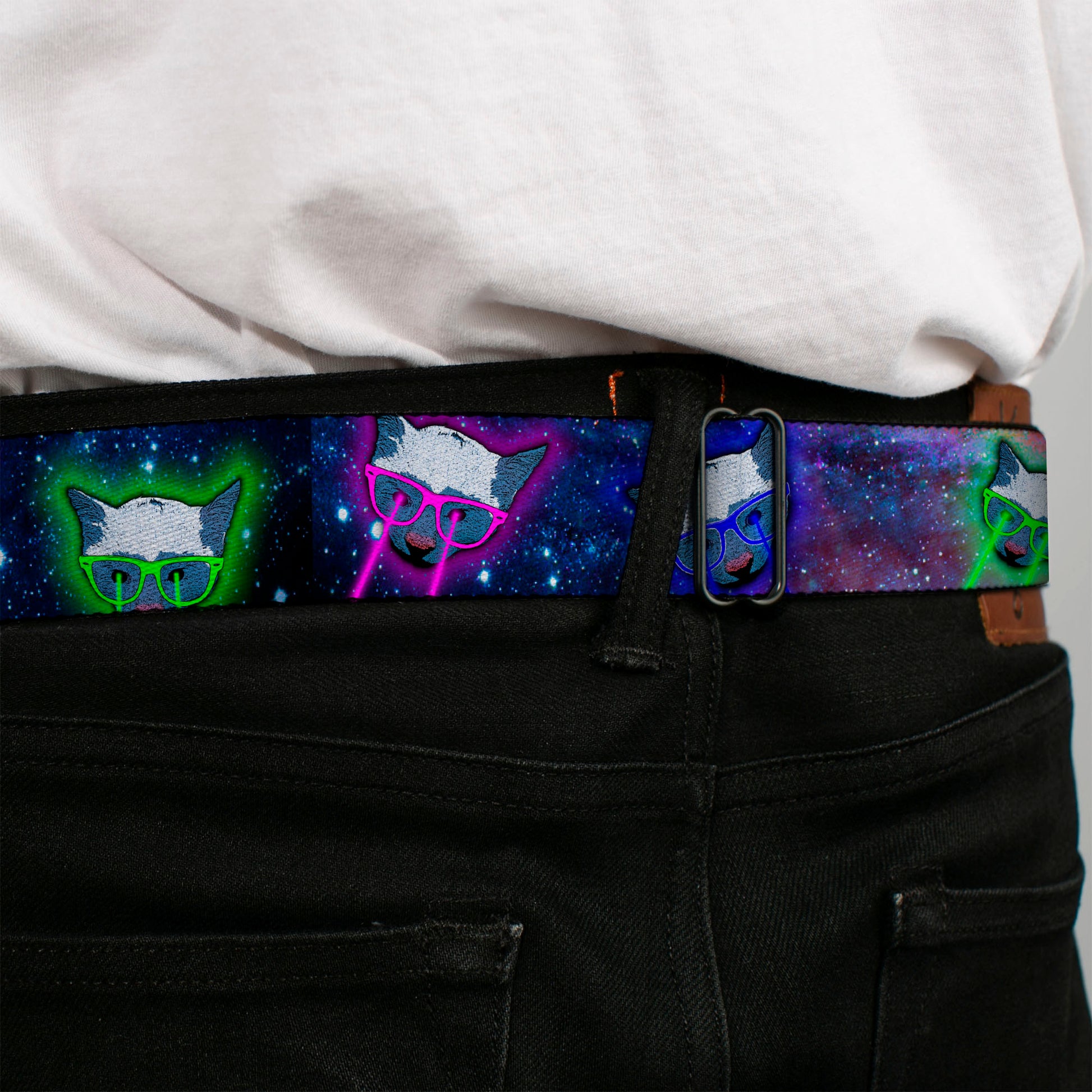 BD Wings Logo CLOSE-UP Full Color Black Silver Seatbelt Belt - Laser Eye Cats in Space Webbing Seatbelt Belts Buckle-Down