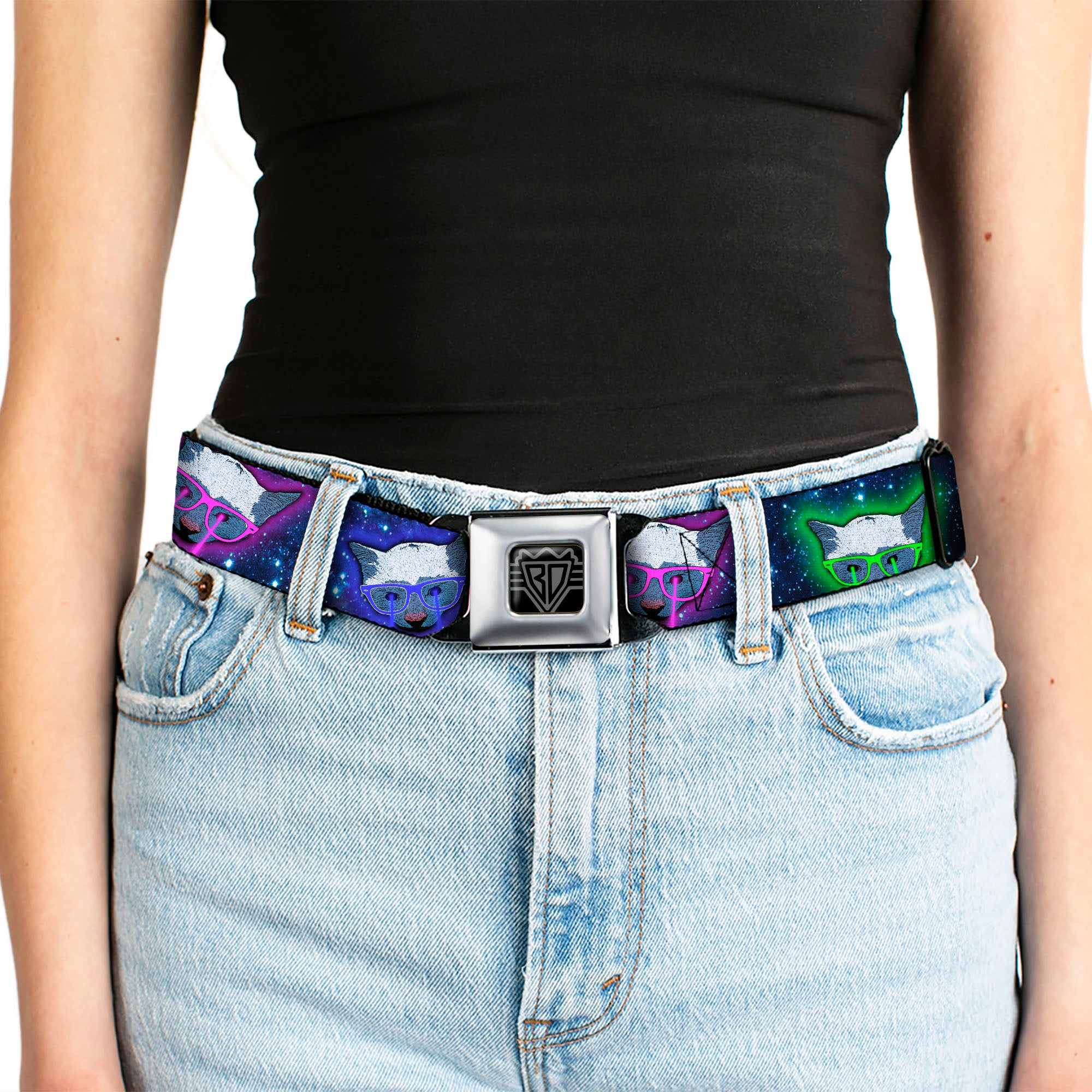 BD Wings Logo CLOSE-UP Full Color Black Silver Seatbelt Belt - Laser Eye Cats in Space Webbing Seatbelt Belts Buckle-Down