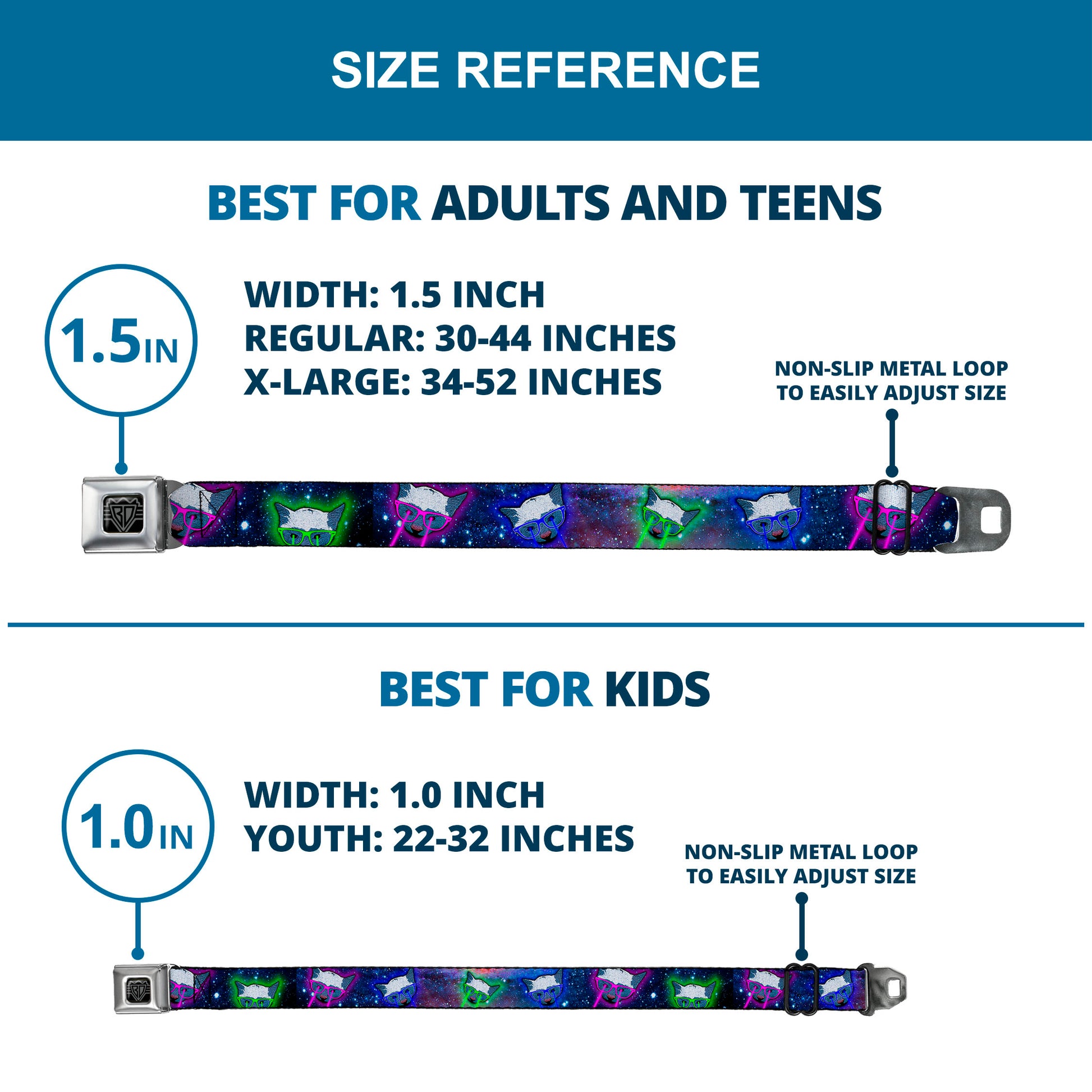 BD Wings Logo CLOSE-UP Full Color Black Silver Seatbelt Belt - Laser Eye Cats in Space Webbing Seatbelt Belts Buckle-Down