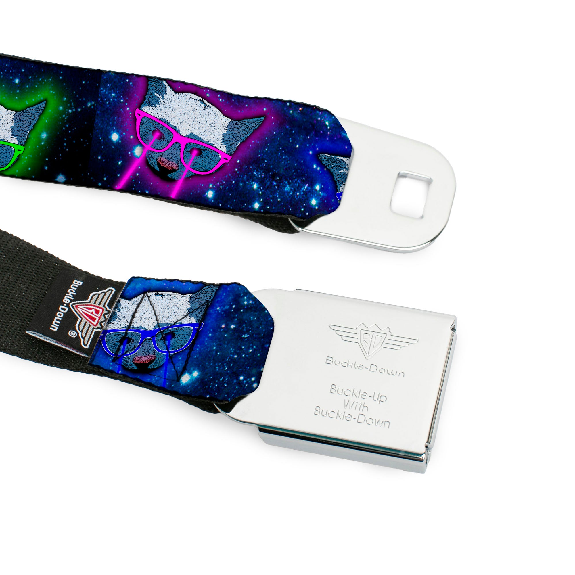 BD Wings Logo CLOSE-UP Full Color Black Silver Seatbelt Belt - Laser Eye Cats in Space Webbing Seatbelt Belts Buckle-Down
