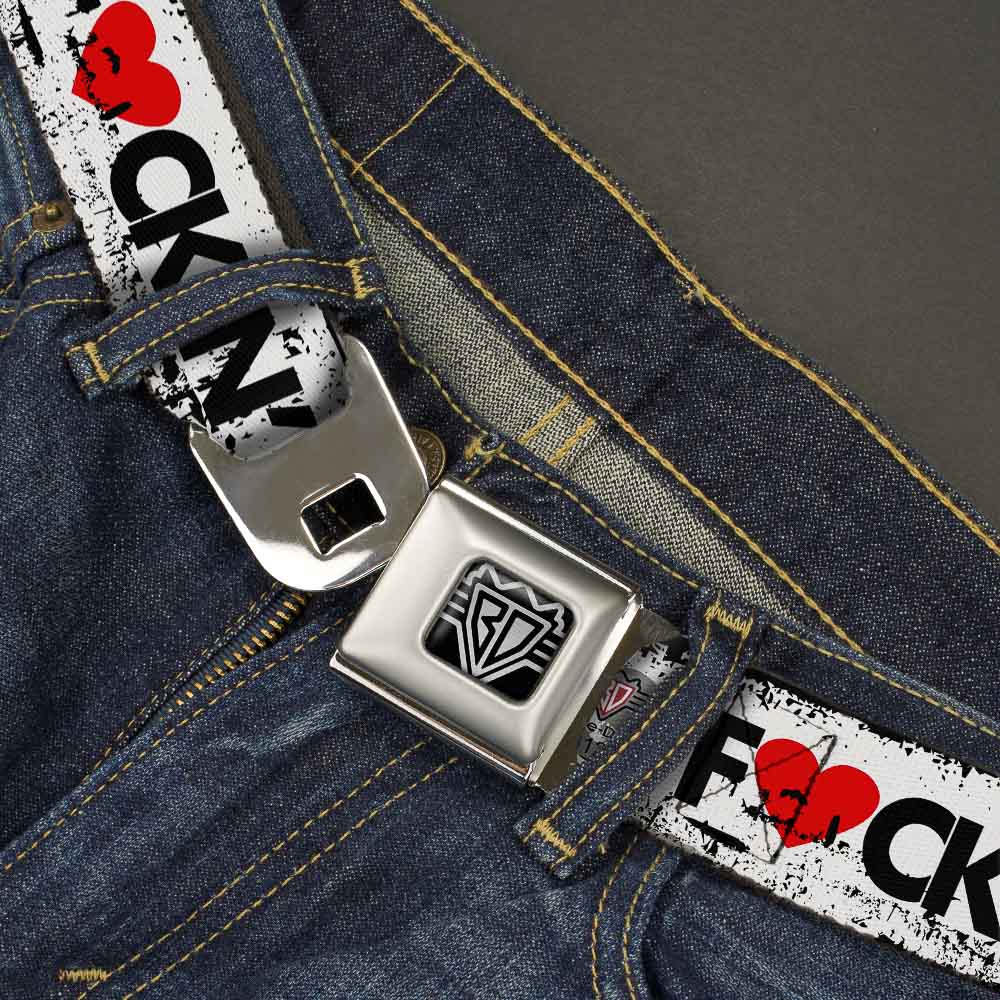 BD Wings Logo CLOSE-UP Full Color Black Silver Seatbelt Belt - LOS F*CKIN' ANGELES Heart Weathered White/Black/Red Webbing Seatbelt Belts Buckle-Down