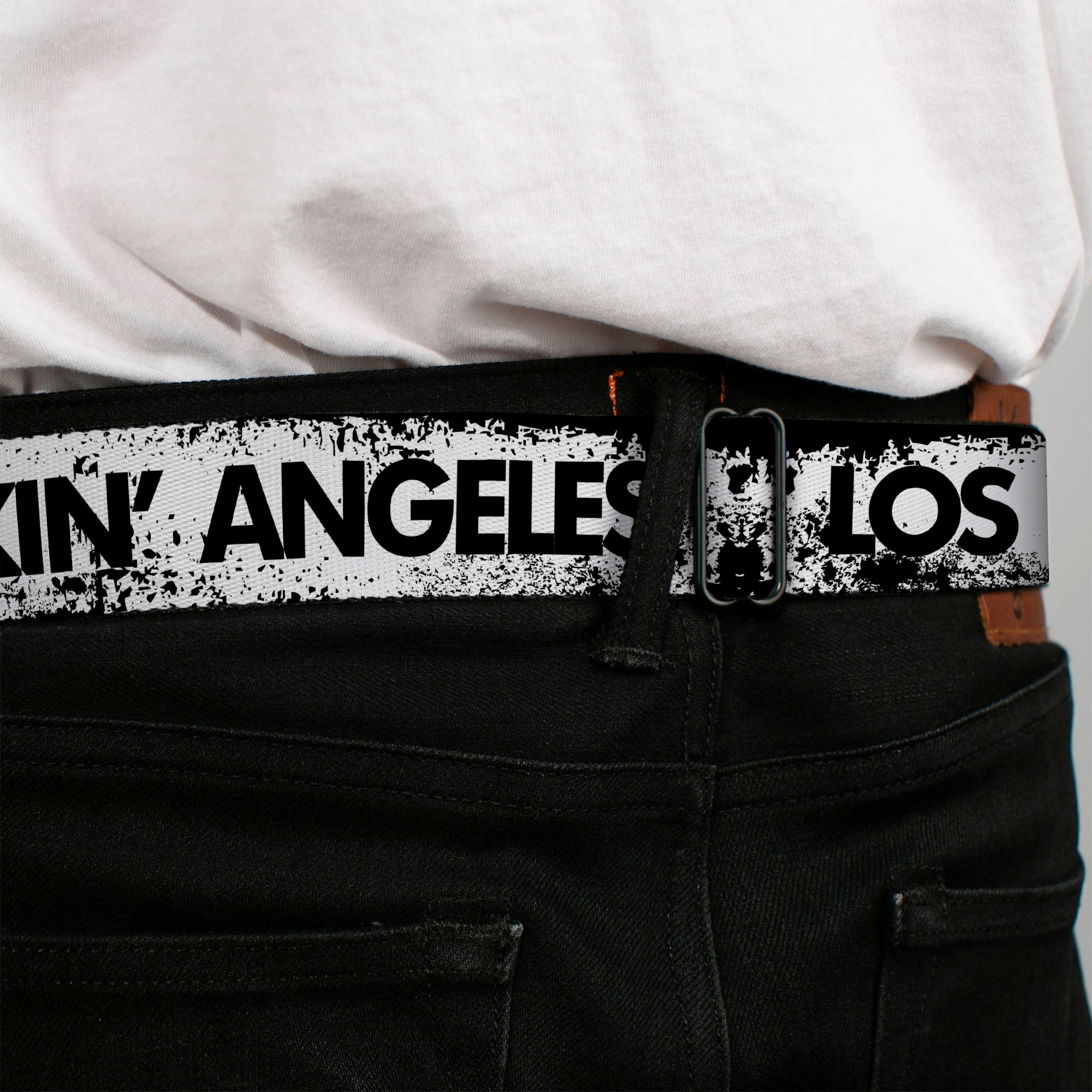 BD Wings Logo CLOSE-UP Full Color Black Silver Seatbelt Belt - LOS F*CKIN' ANGELES Heart Weathered White/Black/Red Webbing Seatbelt Belts Buckle-Down