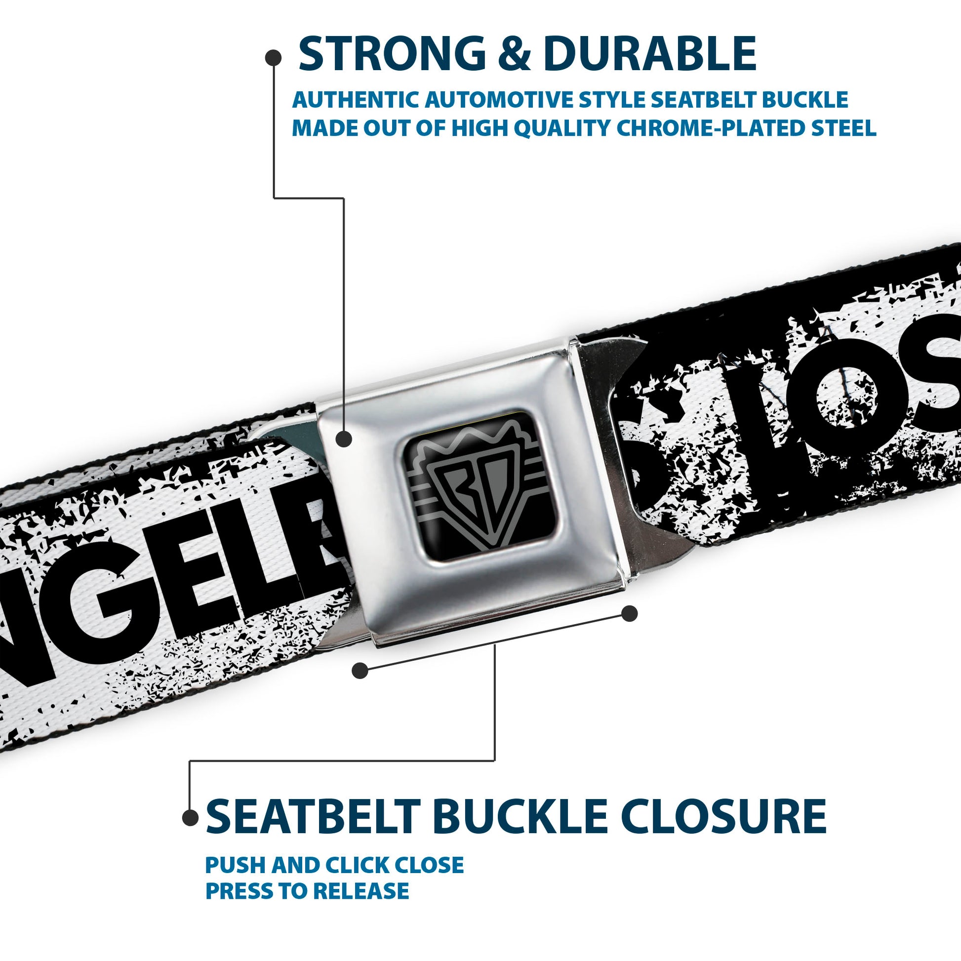 BD Wings Logo CLOSE-UP Full Color Black Silver Seatbelt Belt - LOS F*CKIN' ANGELES Heart Weathered White/Black/Red Webbing Seatbelt Belts Buckle-Down