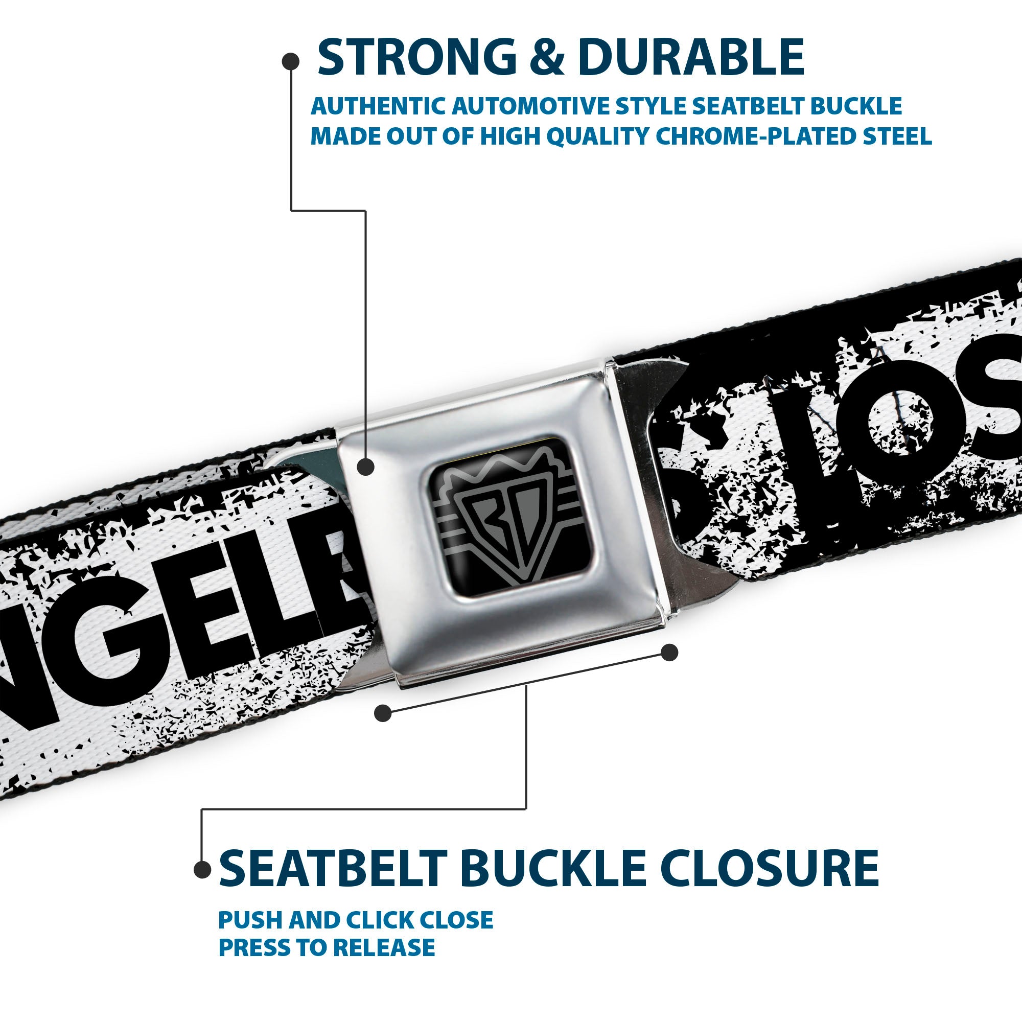 BD Wings Logo CLOSE-UP Full Color Black Silver Seatbelt Belt - LOS F*CKIN' ANGELES Heart Weathered White/Black/Red Webbing Seatbelt Belts Buckle-Down