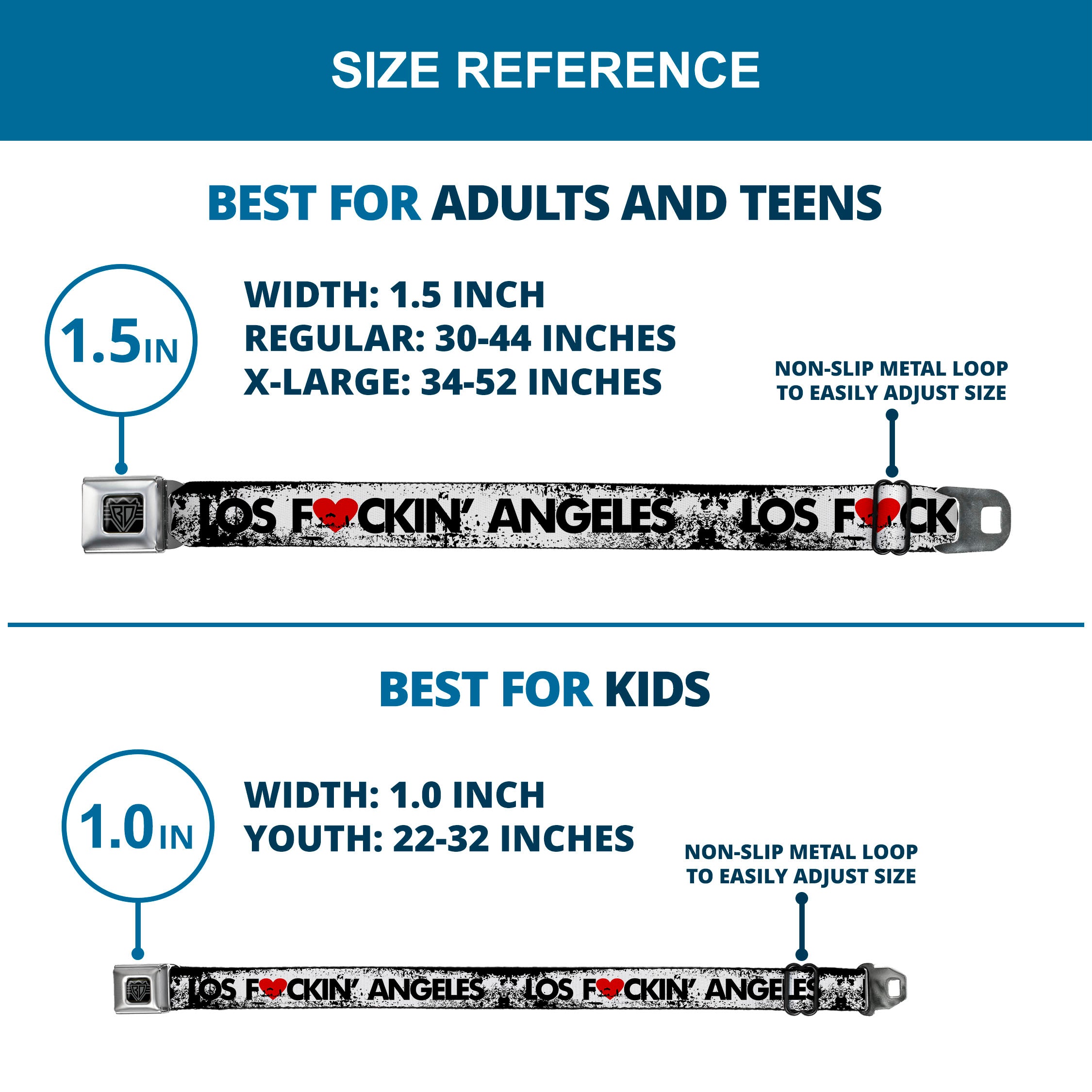 BD Wings Logo CLOSE-UP Full Color Black Silver Seatbelt Belt - LOS F*CKIN' ANGELES Heart Weathered White/Black/Red Webbing Seatbelt Belts Buckle-Down