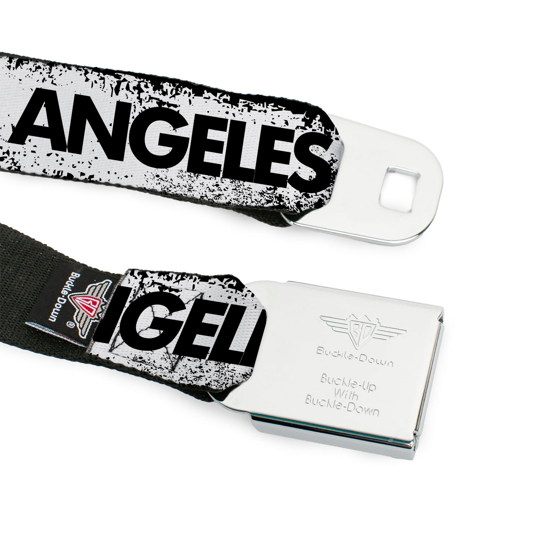 BD Wings Logo CLOSE-UP Full Color Black Silver Seatbelt Belt - LOS F*CKIN' ANGELES Heart Weathered White/Black/Red Webbing Seatbelt Belts Buckle-Down