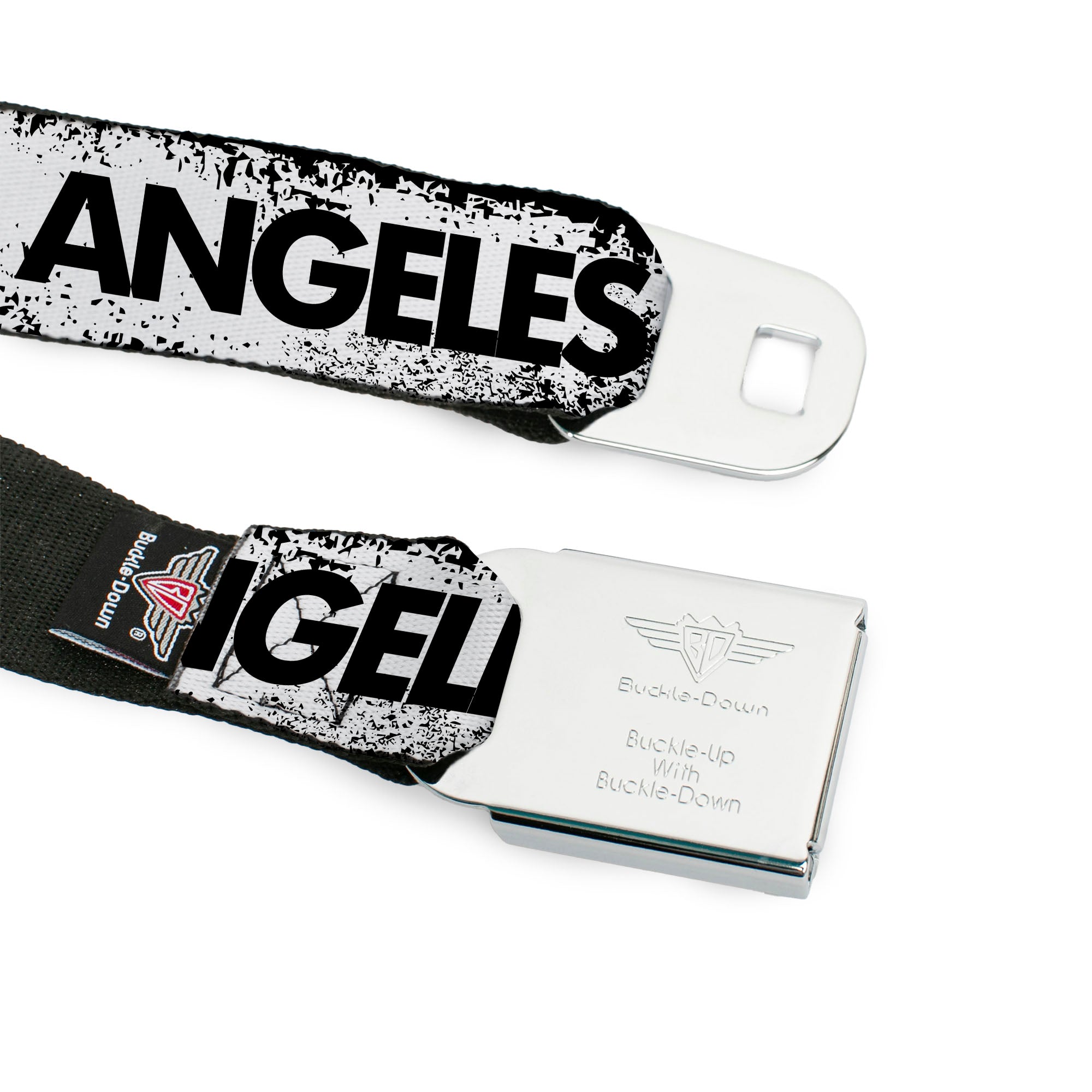 BD Wings Logo CLOSE-UP Full Color Black Silver Seatbelt Belt - LOS F*CKIN' ANGELES Heart Weathered White/Black/Red Webbing Seatbelt Belts Buckle-Down