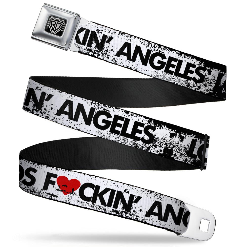 BD Wings Logo CLOSE-UP Full Color Black Silver Seatbelt Belt - LOS F*CKIN' ANGELES Heart Weathered White/Black/Red Webbing Seatbelt Belts Buckle-Down