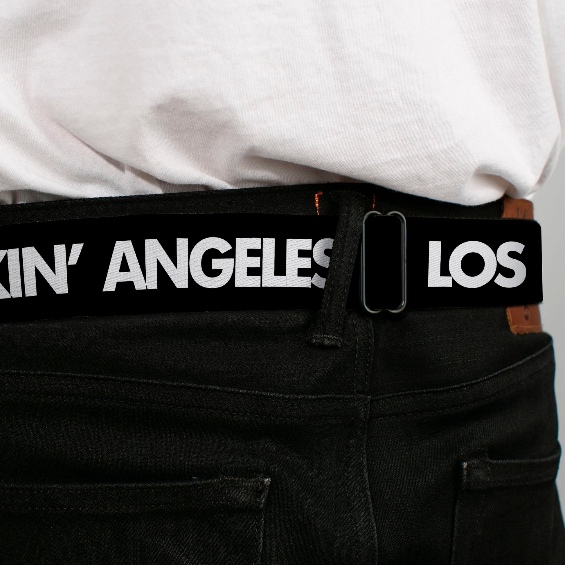 BD Wings Logo CLOSE-UP Full Color Black Silver Seatbelt Belt - LOS F*CKIN' ANGELES Heart Black/White/Red Webbing Seatbelt Belts Buckle-Down