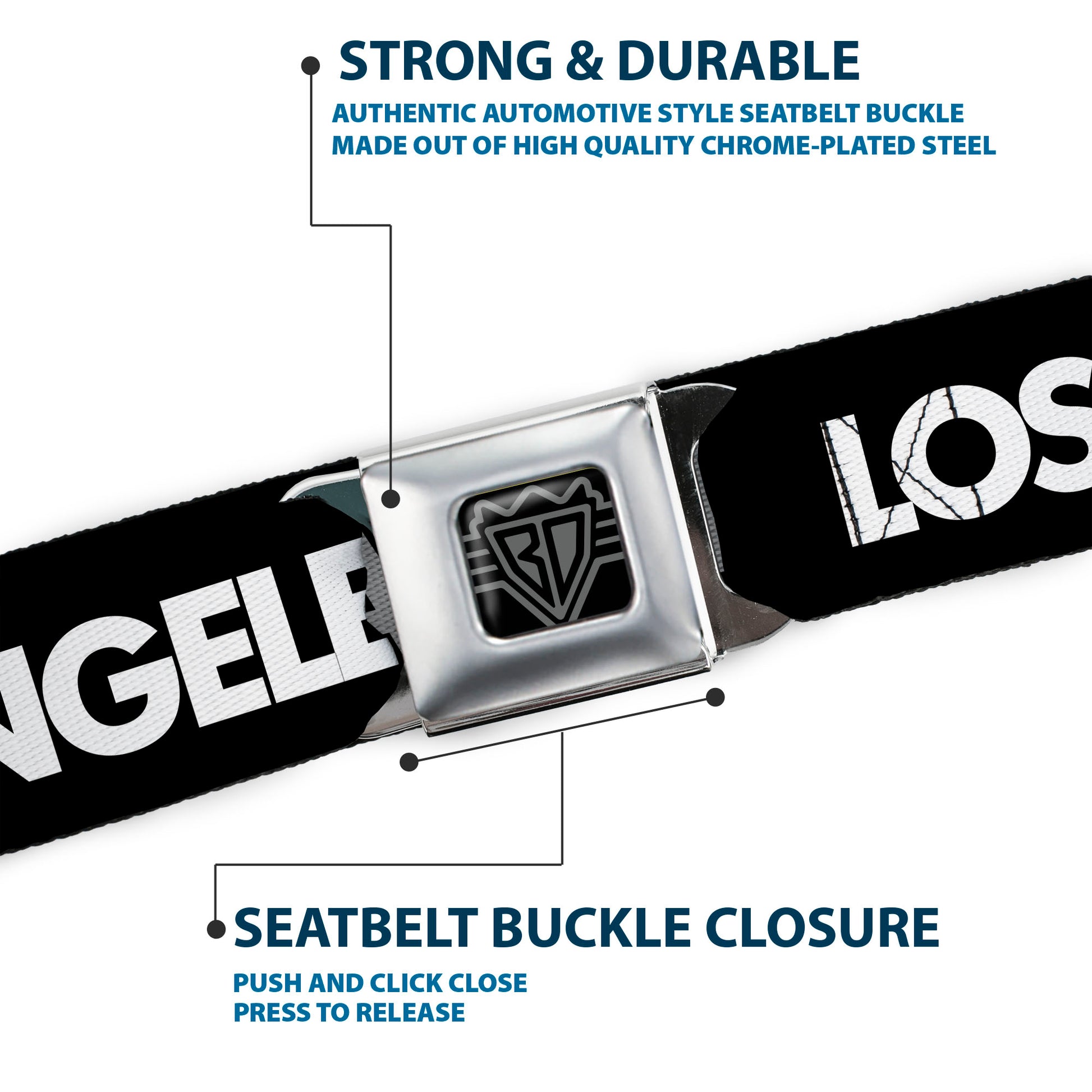 BD Wings Logo CLOSE-UP Full Color Black Silver Seatbelt Belt - LOS F*CKIN' ANGELES Heart Black/White/Red Webbing Seatbelt Belts Buckle-Down