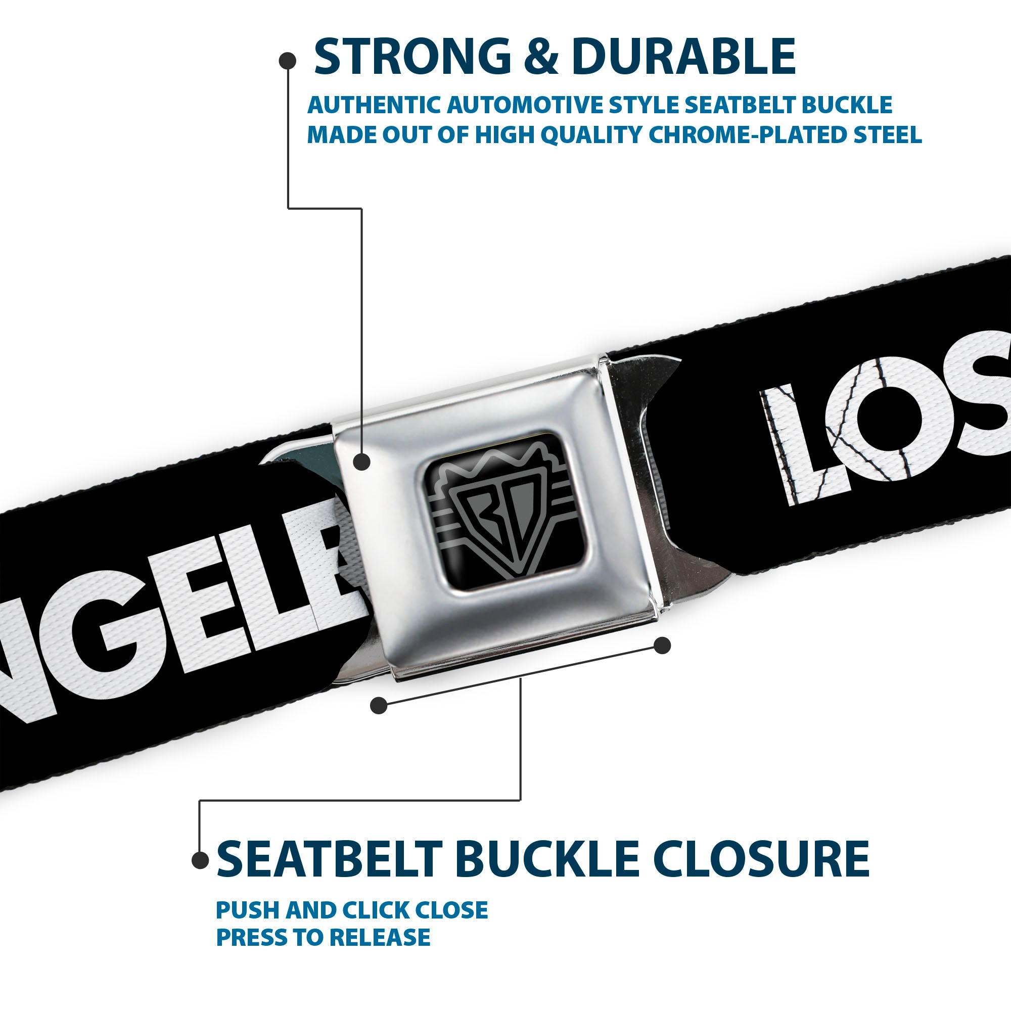 BD Wings Logo CLOSE-UP Full Color Black Silver Seatbelt Belt - LOS F*CKIN' ANGELES Heart Black/White/Red Webbing Seatbelt Belts Buckle-Down