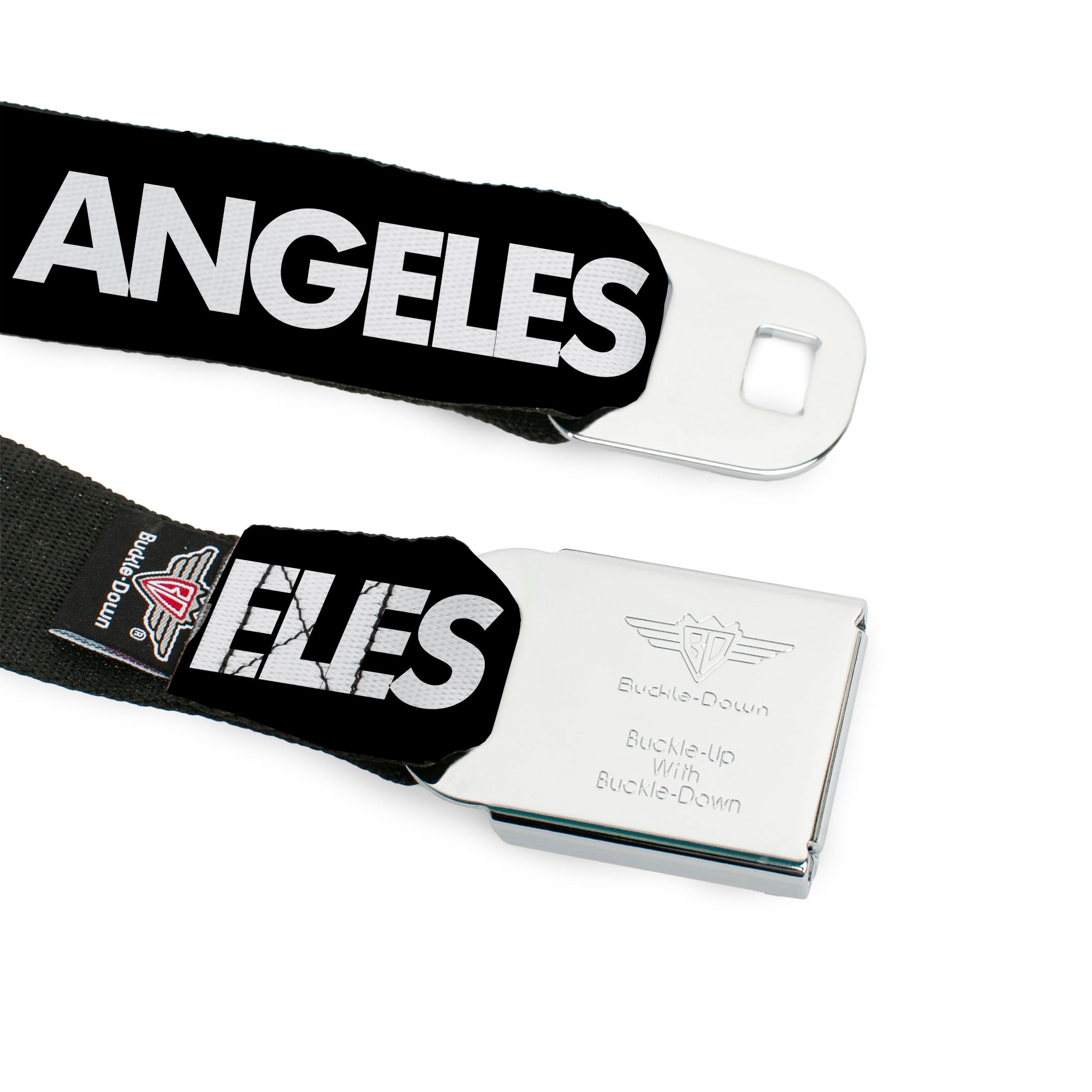 BD Wings Logo CLOSE-UP Full Color Black Silver Seatbelt Belt - LOS F*CKIN' ANGELES Heart Black/White/Red Webbing Seatbelt Belts Buckle-Down