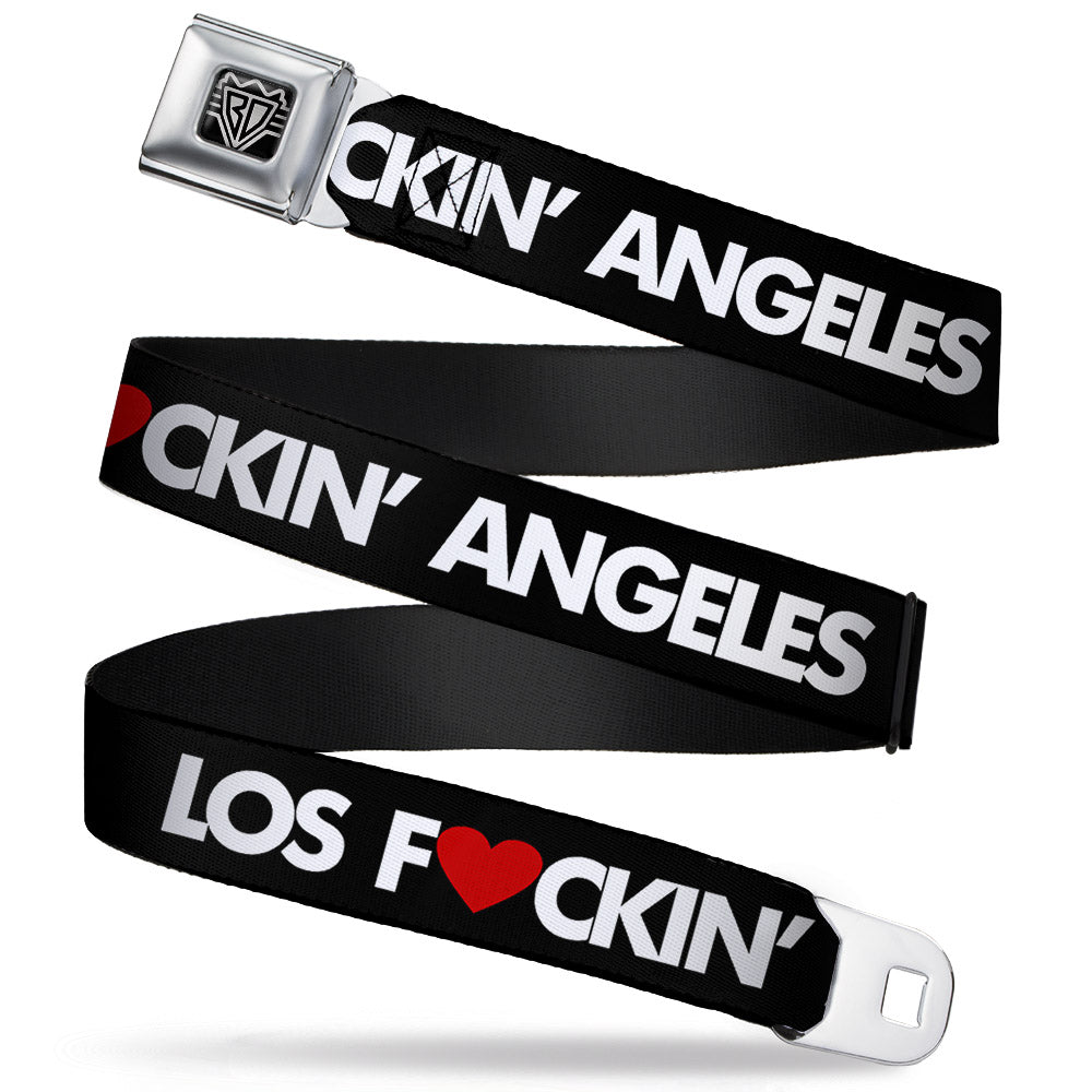 BD Wings Logo CLOSE-UP Full Color Black Silver Seatbelt Belt - LOS F*CKIN' ANGELES Heart Black/White/Red Webbing Seatbelt Belts Buckle-Down