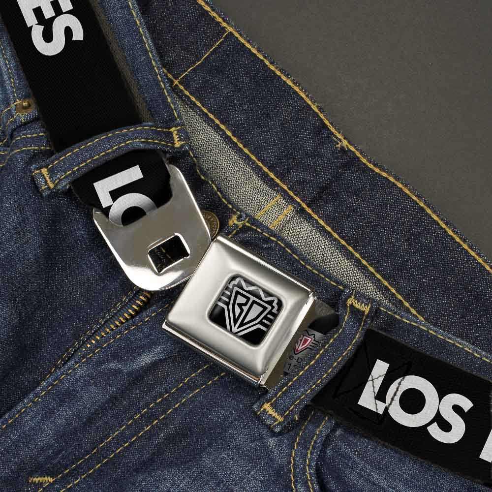 BD Wings Logo CLOSE-UP Full Color Black Silver Seatbelt Belt - LOS F*CKIN' ANGELES Mustache Black/White/Pink Webbing Seatbelt Belts Buckle-Down