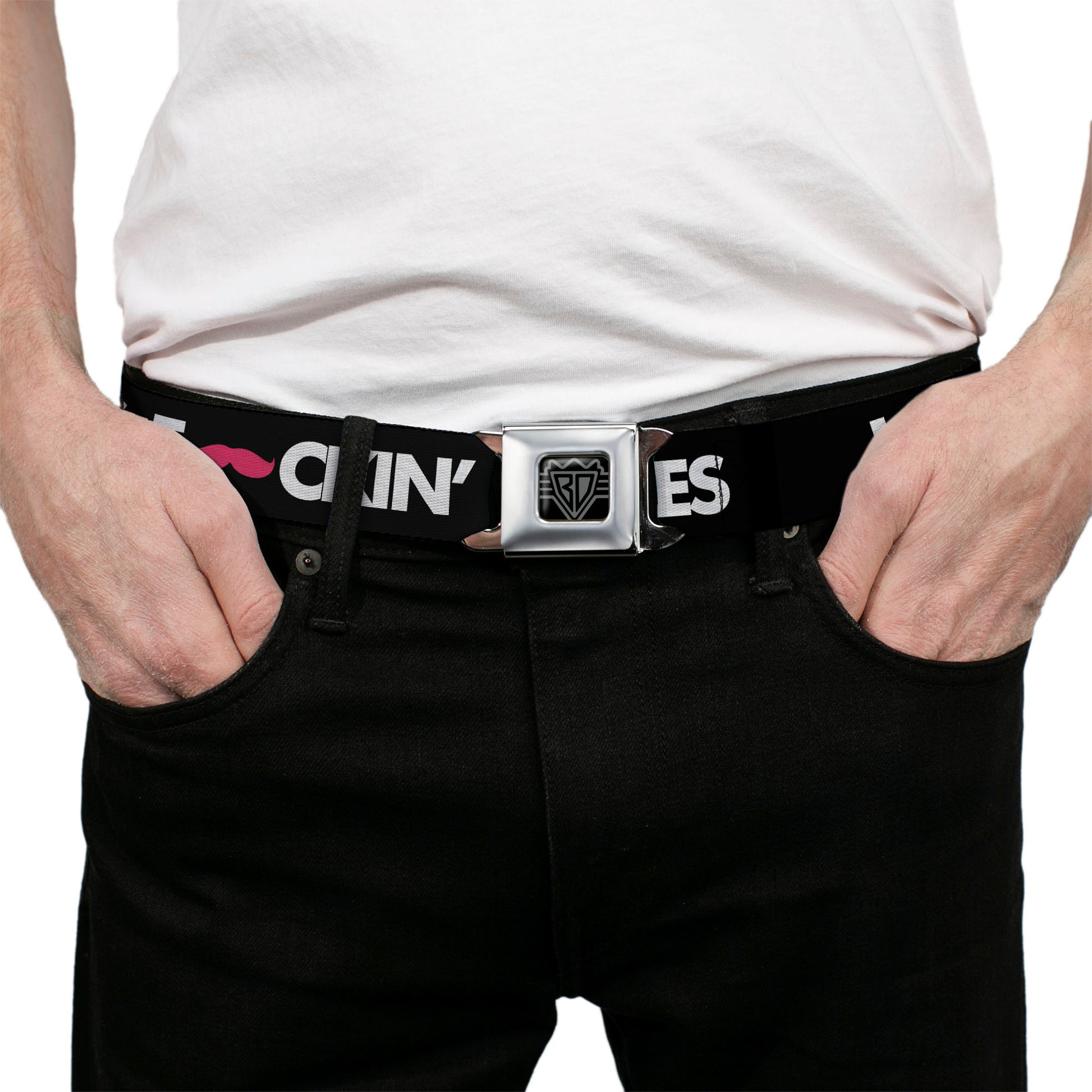 BD Wings Logo CLOSE-UP Full Color Black Silver Seatbelt Belt - LOS F*CKIN' ANGELES Mustache Black/White/Pink Webbing Seatbelt Belts Buckle-Down