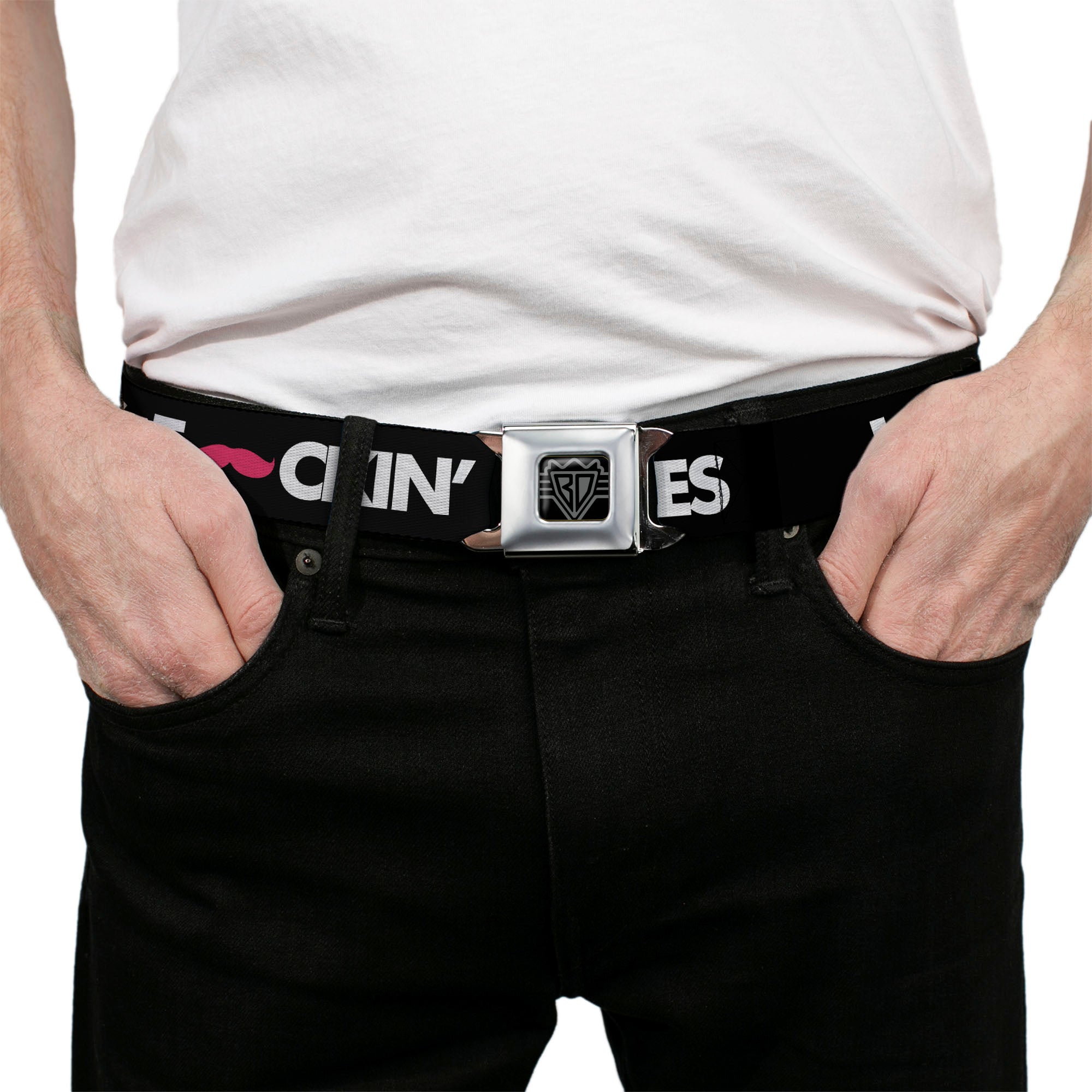 BD Wings Logo CLOSE-UP Full Color Black Silver Seatbelt Belt - LOS F*CKIN' ANGELES Mustache Black/White/Pink Webbing Seatbelt Belts Buckle-Down