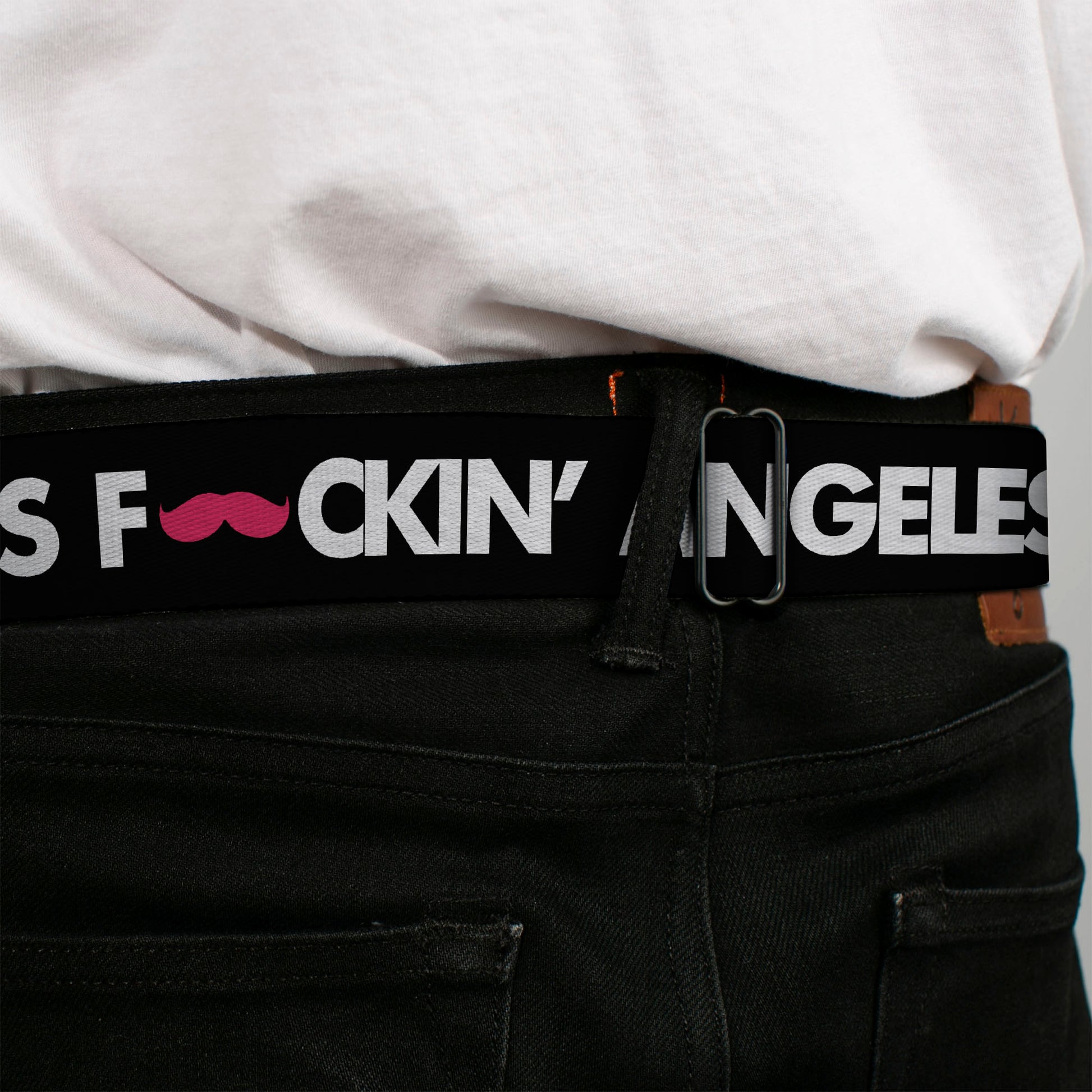 BD Wings Logo CLOSE-UP Full Color Black Silver Seatbelt Belt - LOS F*CKIN' ANGELES Mustache Black/White/Pink Webbing Seatbelt Belts Buckle-Down
