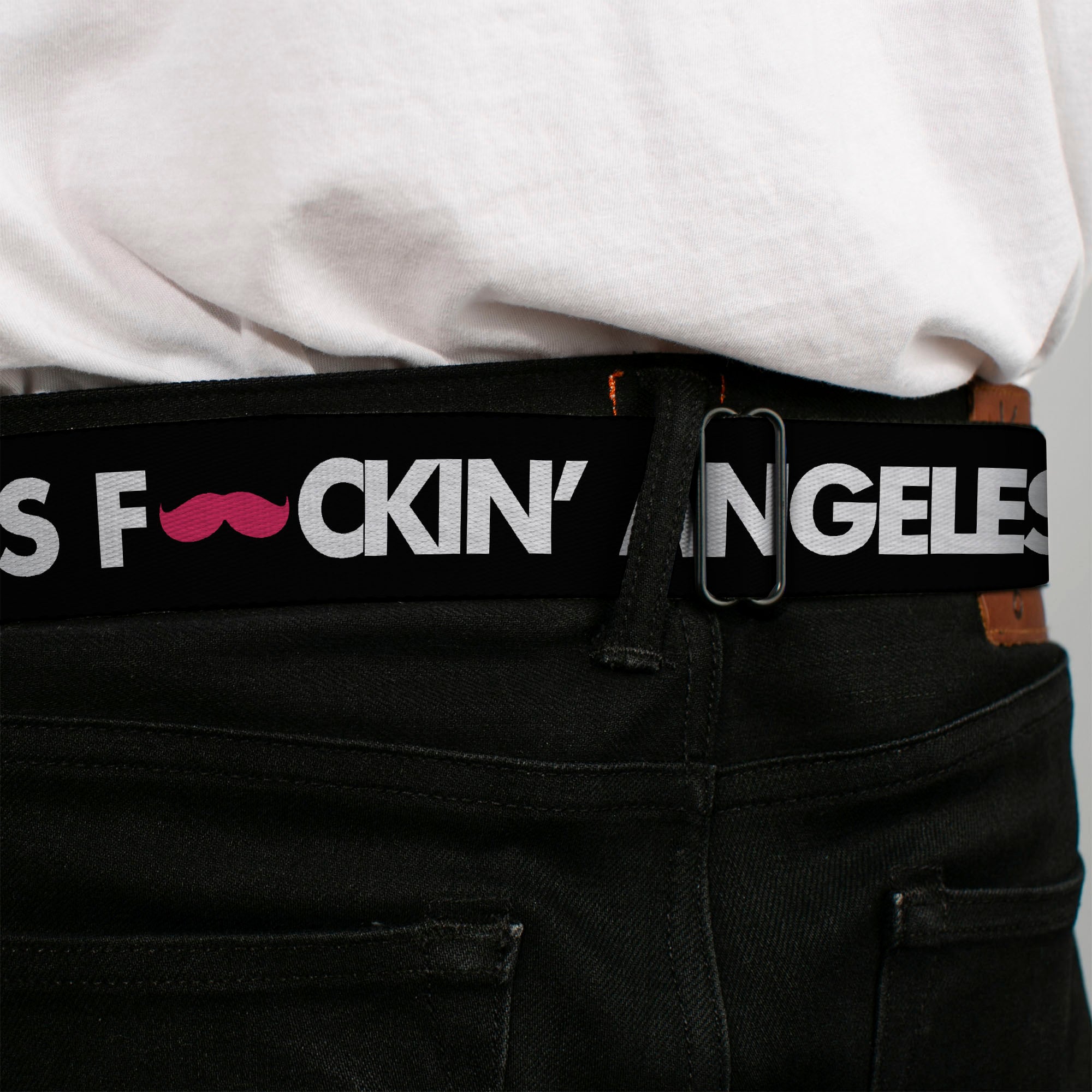 BD Wings Logo CLOSE-UP Full Color Black Silver Seatbelt Belt - LOS F*CKIN' ANGELES Mustache Black/White/Pink Webbing Seatbelt Belts Buckle-Down