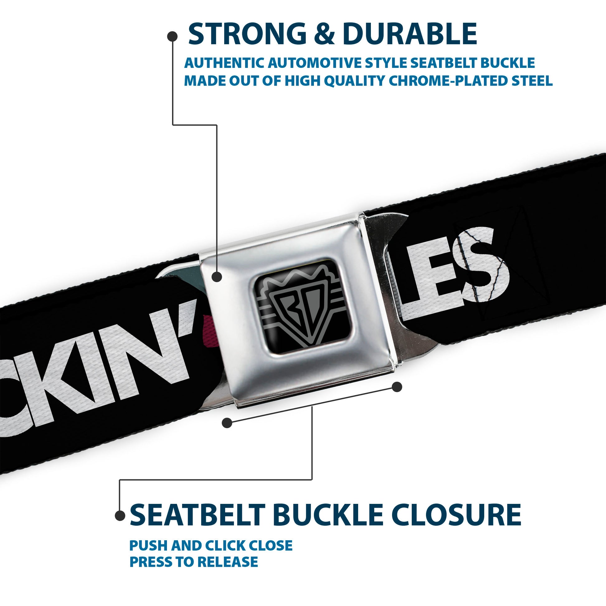 BD Wings Logo CLOSE-UP Full Color Black Silver Seatbelt Belt - LOS F*CKIN' ANGELES Mustache Black/White/Pink Webbing Seatbelt Belts Buckle-Down