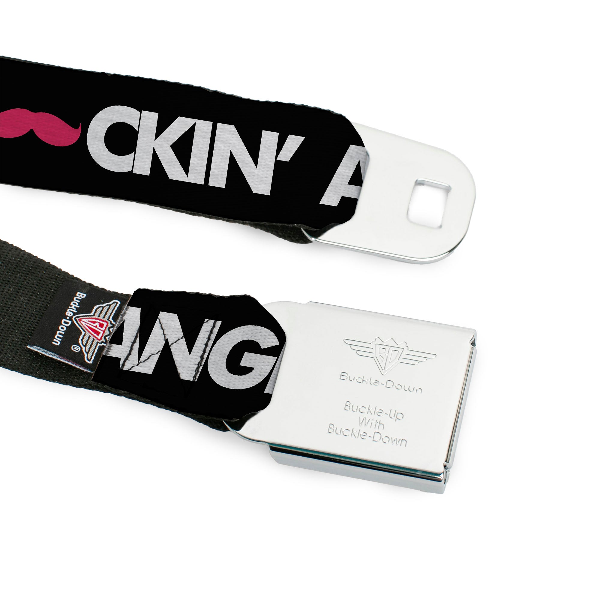 BD Wings Logo CLOSE-UP Full Color Black Silver Seatbelt Belt - LOS F*CKIN' ANGELES Mustache Black/White/Pink Webbing Seatbelt Belts Buckle-Down