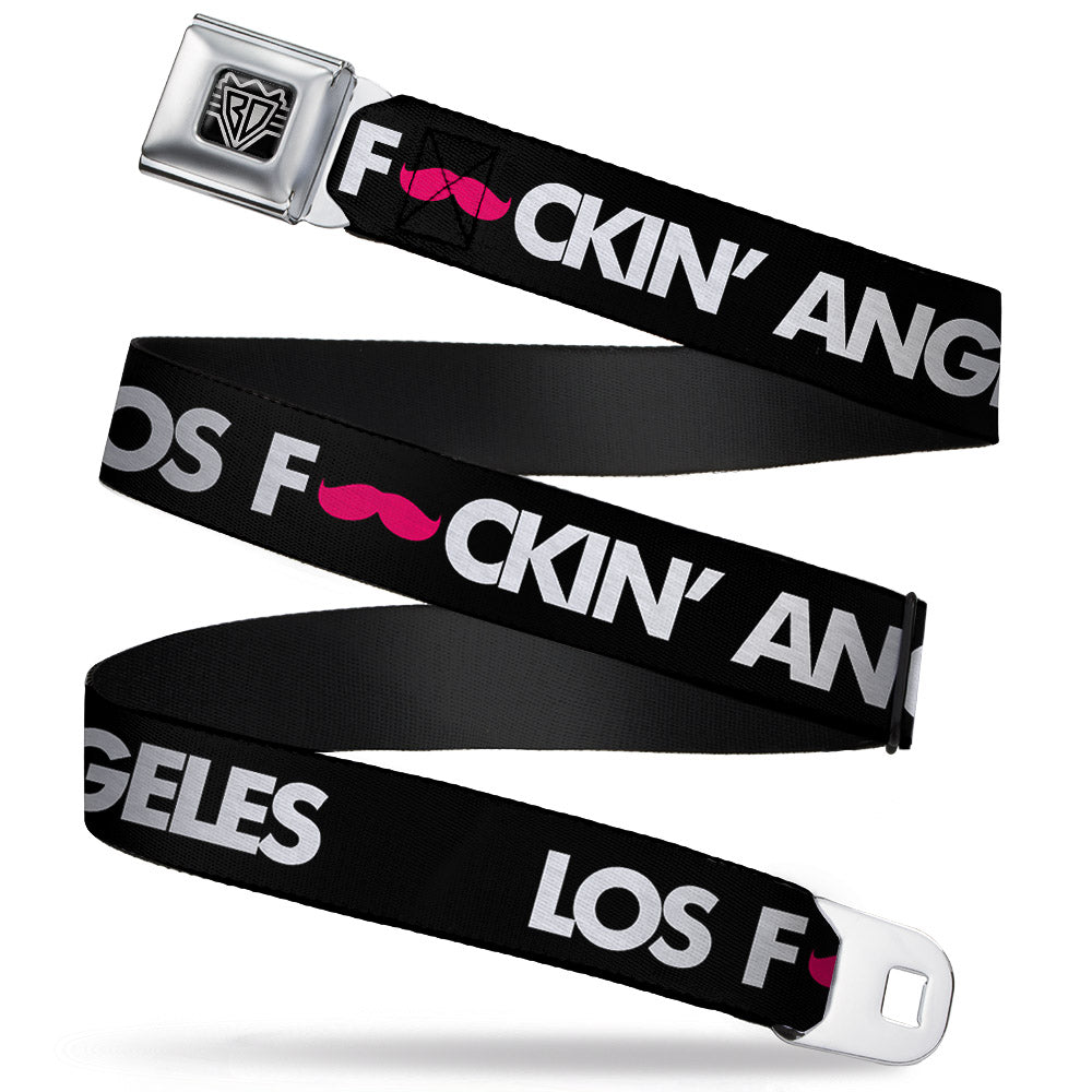 BD Wings Logo CLOSE-UP Full Color Black Silver Seatbelt Belt - LOS F*CKIN' ANGELES Mustache Black/White/Pink Webbing Seatbelt Belts Buckle-Down