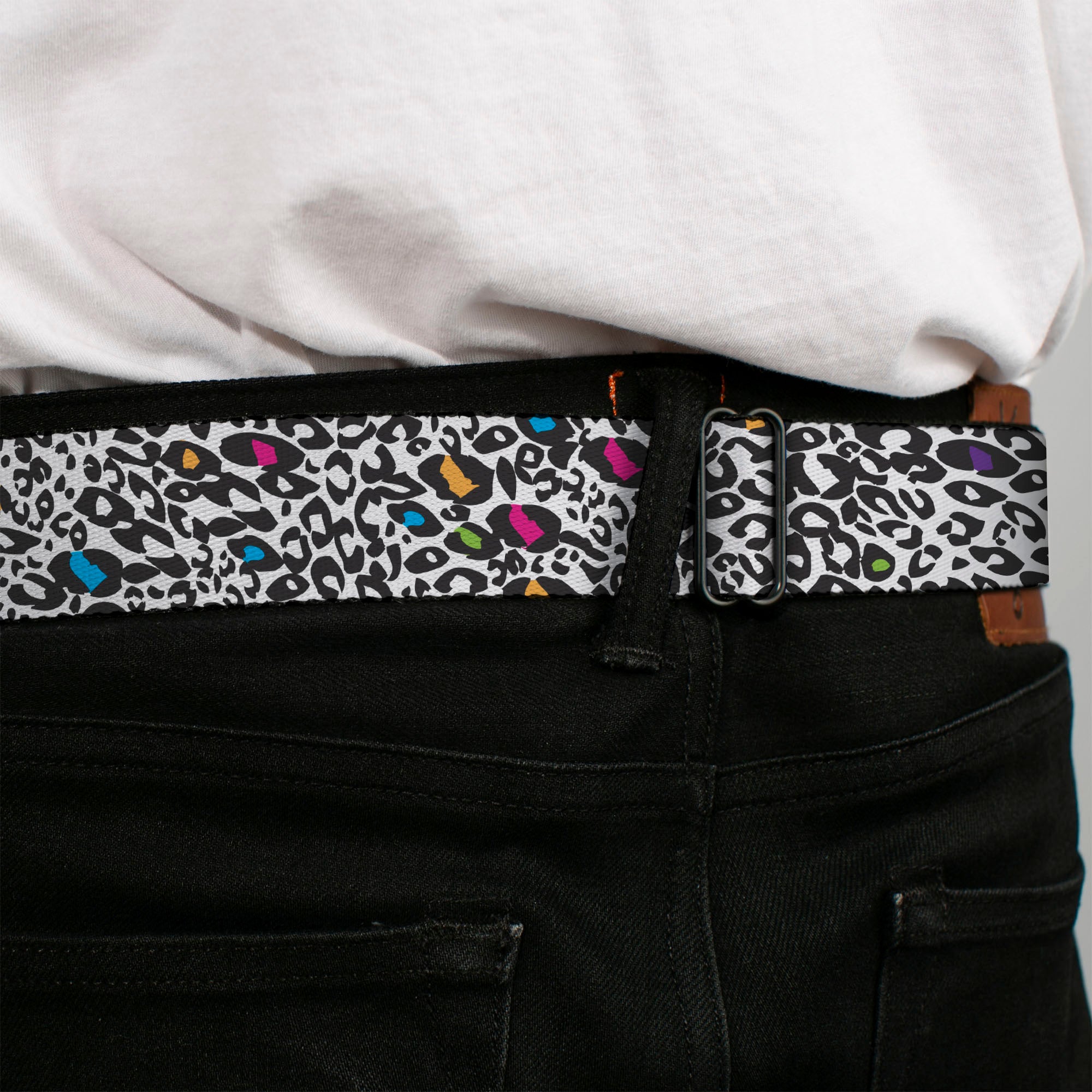 BD Wings Logo CLOSE-UP Full Color Black Silver Seatbelt Belt - Leopard White/Black/Multi Color Webbing Seatbelt Belts Buckle-Down