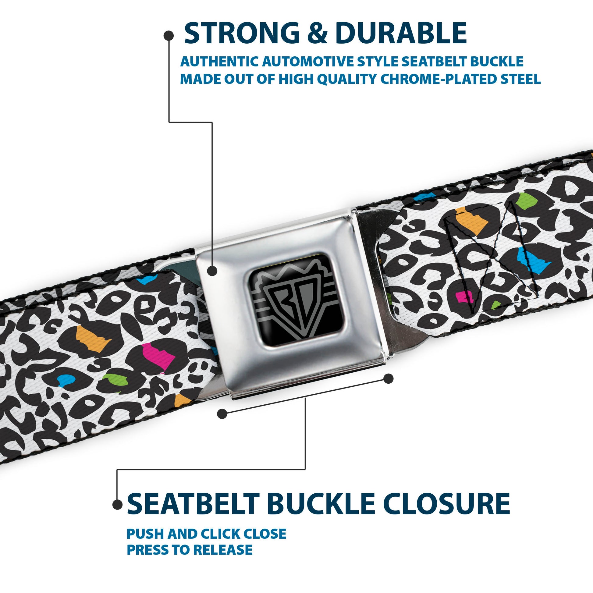 BD Wings Logo CLOSE-UP Full Color Black Silver Seatbelt Belt - Leopard White/Black/Multi Color Webbing Seatbelt Belts Buckle-Down