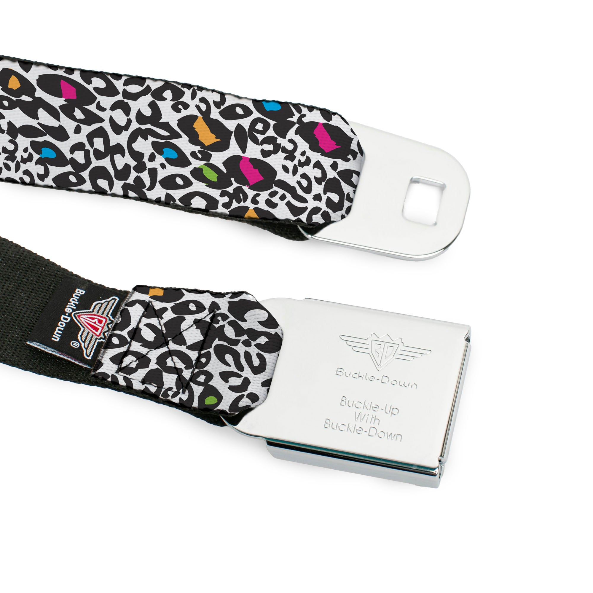 BD Wings Logo CLOSE-UP Full Color Black Silver Seatbelt Belt - Leopard White/Black/Multi Color Webbing Seatbelt Belts Buckle-Down