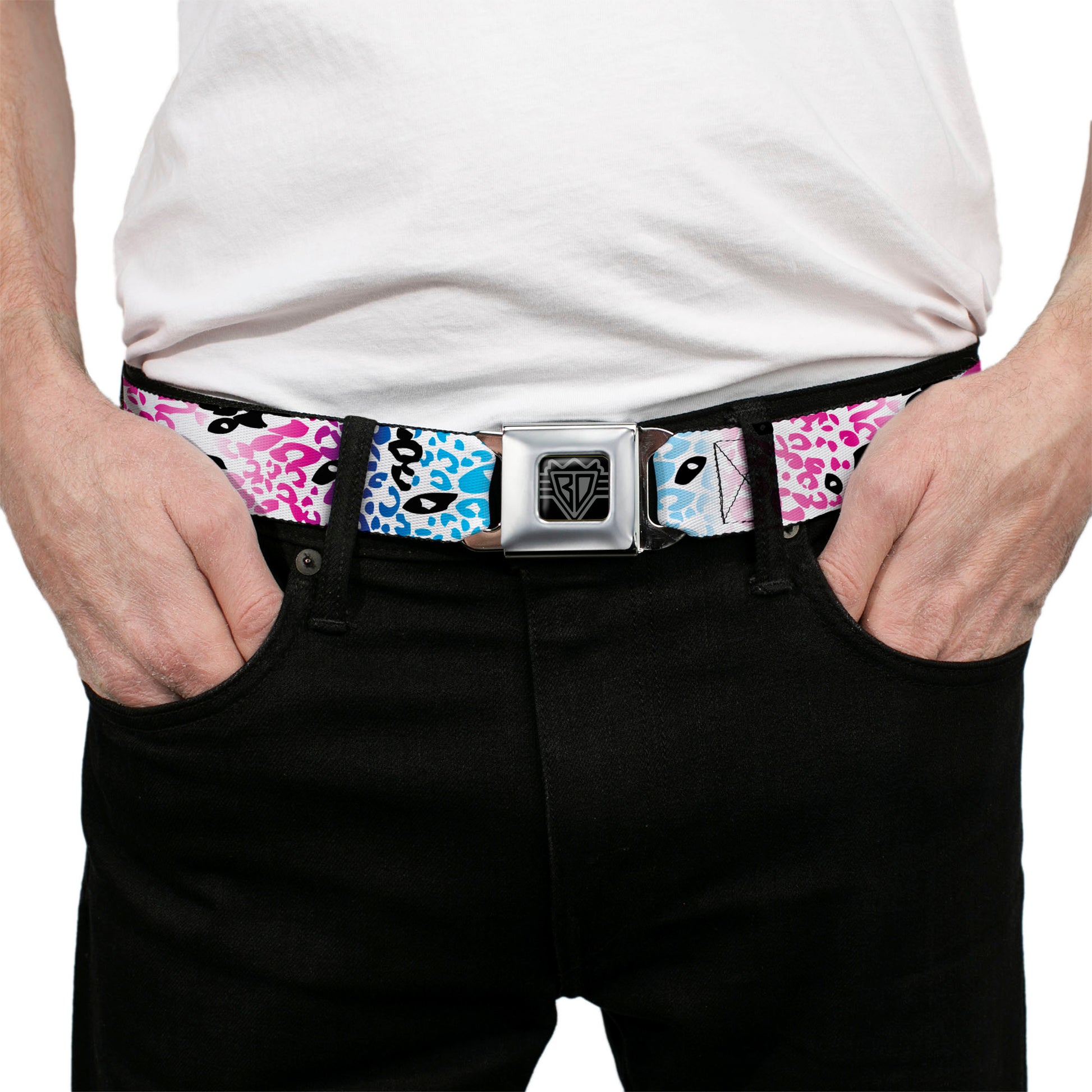 BD Wings Logo CLOSE-UP Full Color Black Silver Seatbelt Belt - Leopard White/Pinks/Blues/Black Webbing Seatbelt Belts Buckle-Down