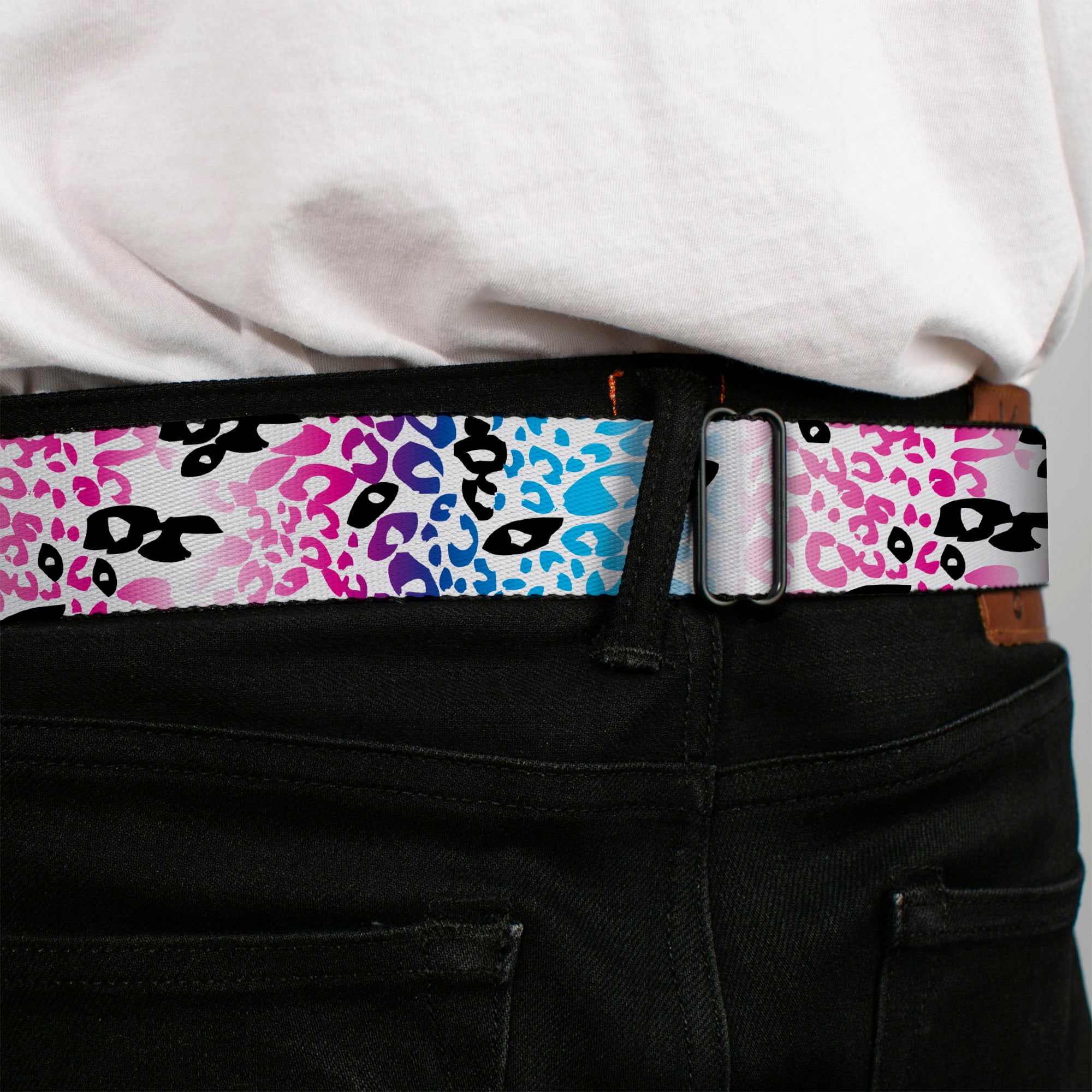BD Wings Logo CLOSE-UP Full Color Black Silver Seatbelt Belt - Leopard White/Pinks/Blues/Black Webbing Seatbelt Belts Buckle-Down