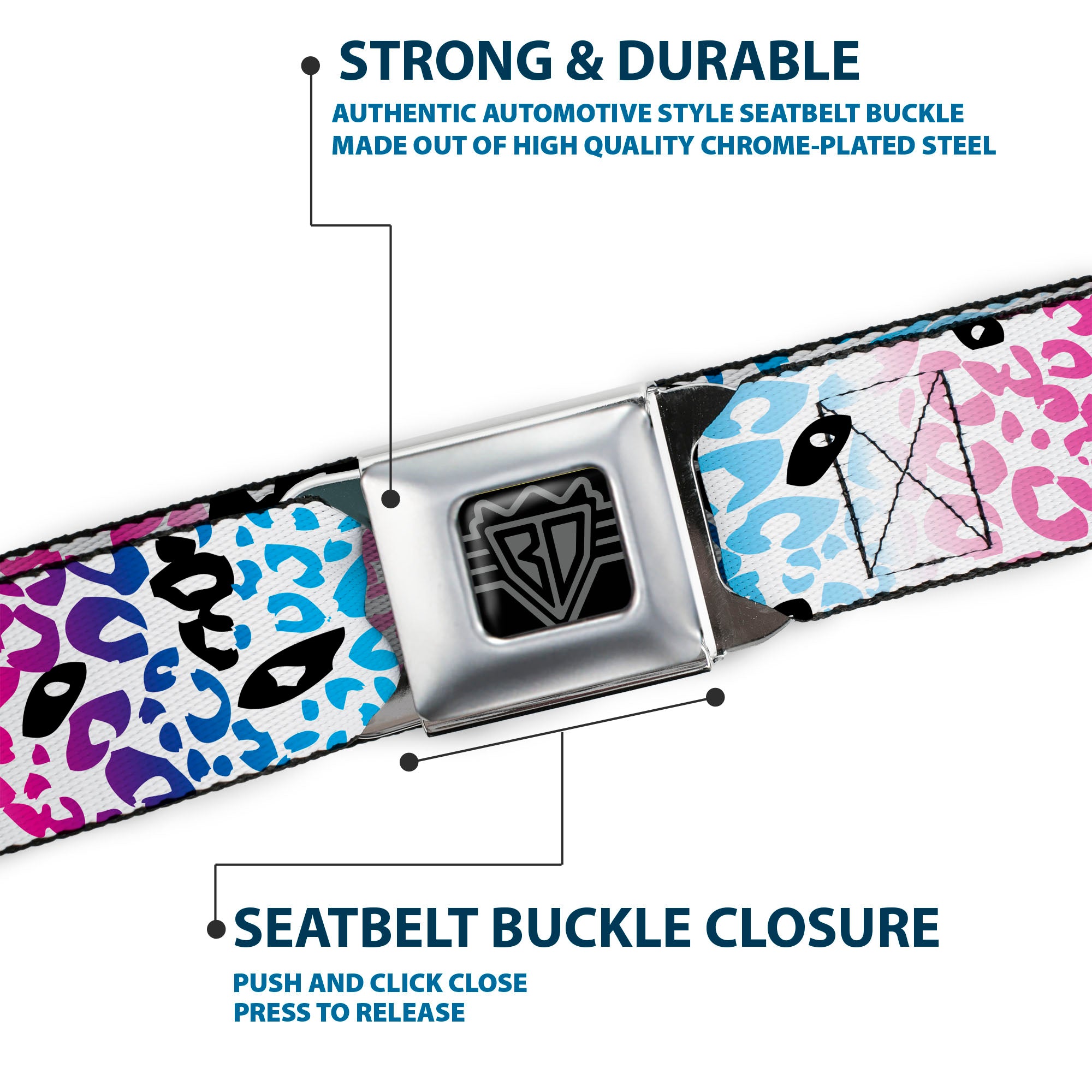 BD Wings Logo CLOSE-UP Full Color Black Silver Seatbelt Belt - Leopard White/Pinks/Blues/Black Webbing Seatbelt Belts Buckle-Down