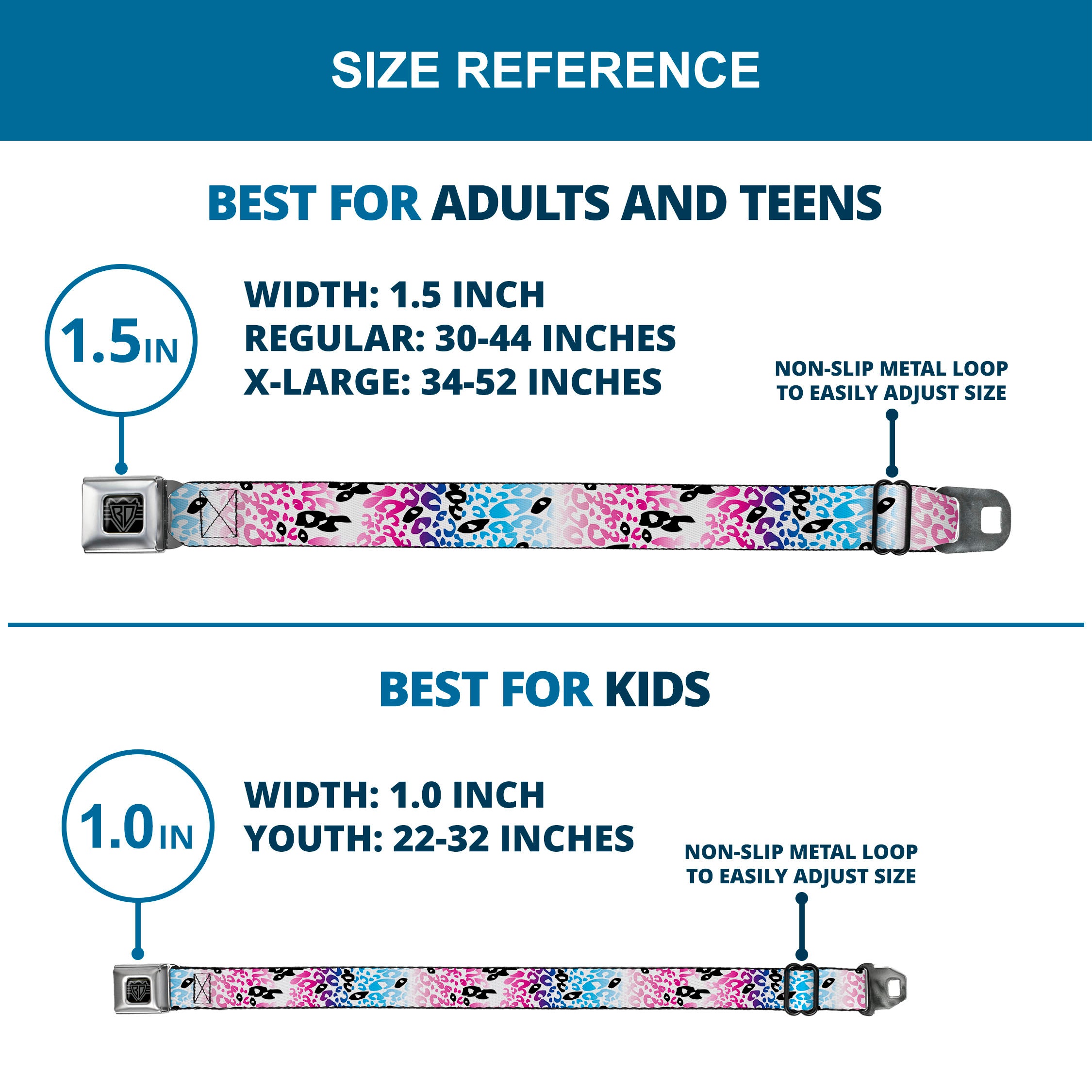 BD Wings Logo CLOSE-UP Full Color Black Silver Seatbelt Belt - Leopard White/Pinks/Blues/Black Webbing Seatbelt Belts Buckle-Down