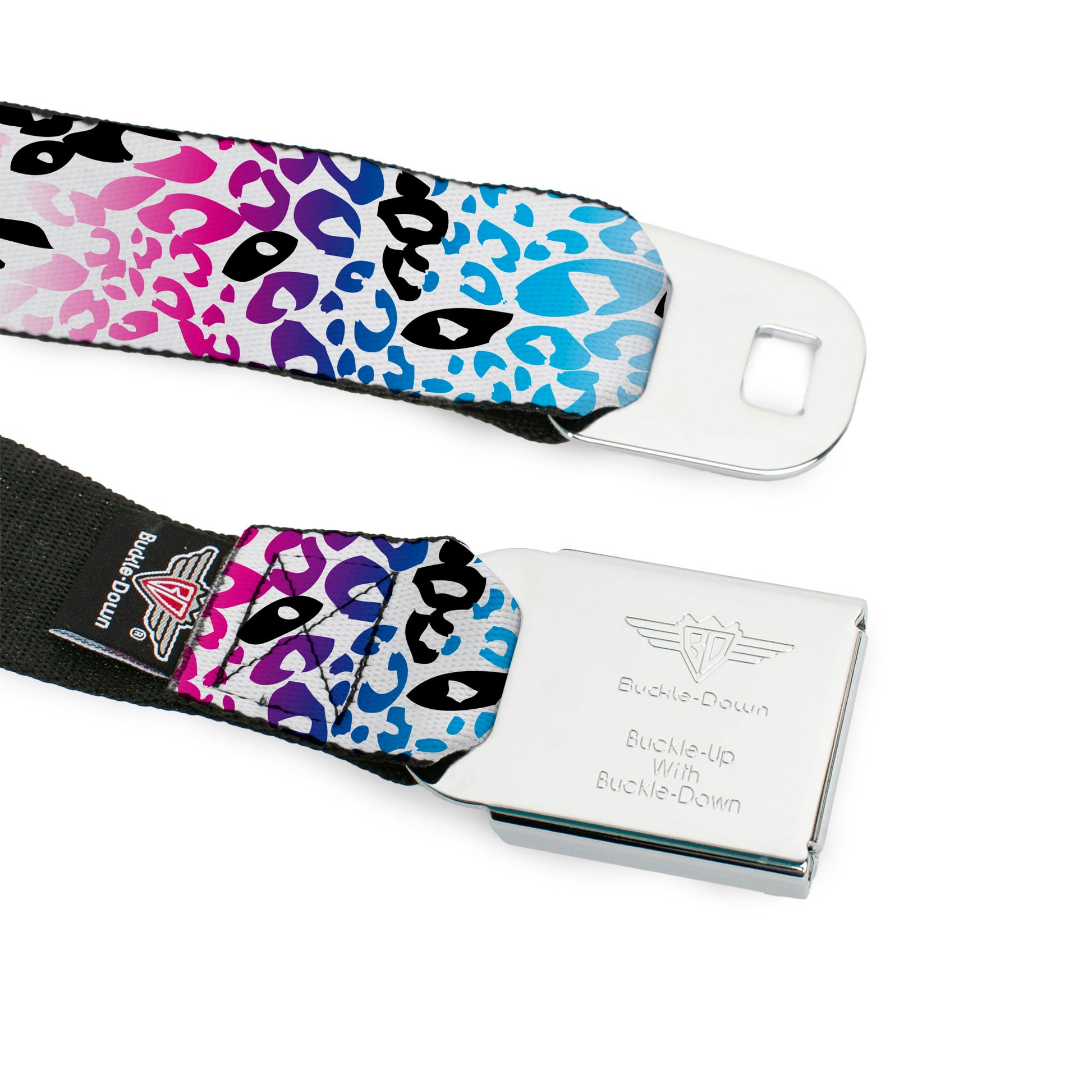 BD Wings Logo CLOSE-UP Full Color Black Silver Seatbelt Belt - Leopard White/Pinks/Blues/Black Webbing Seatbelt Belts Buckle-Down