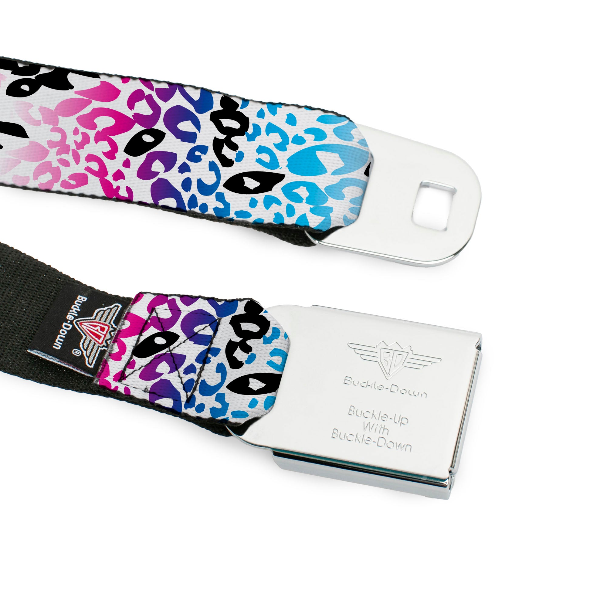 BD Wings Logo CLOSE-UP Full Color Black Silver Seatbelt Belt - Leopard White/Pinks/Blues/Black Webbing Seatbelt Belts Buckle-Down
