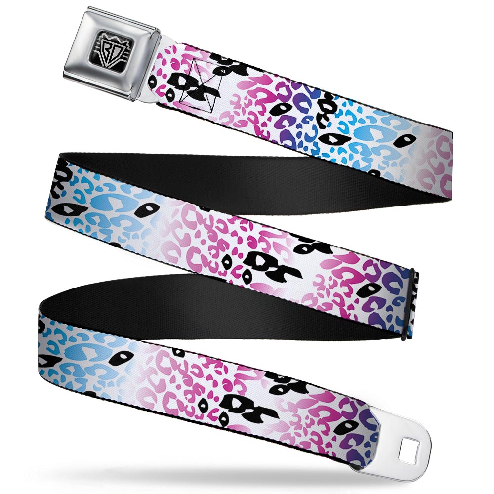 BD Wings Logo CLOSE-UP Full Color Black Silver Seatbelt Belt - Leopard White/Pinks/Blues/Black Webbing Seatbelt Belts Buckle-Down