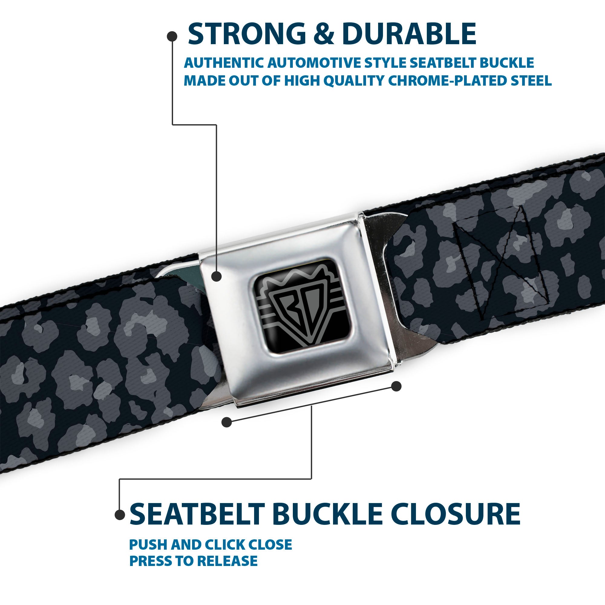 BD Wings Logo CLOSE-UP Full Color Black Silver Seatbelt Belt - Leopard Grays Webbing Seatbelt Belts Buckle-Down
