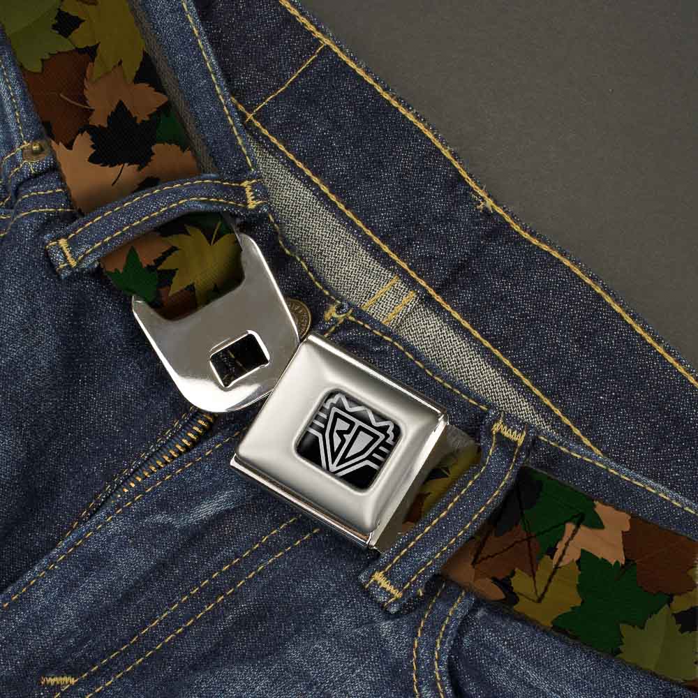 BD Wings Logo CLOSE-UP Full Color Black Silver Seatbelt Belt - Leaf Camo Browns/Greens/Black Webbing Seatbelt Belts Buckle-Down