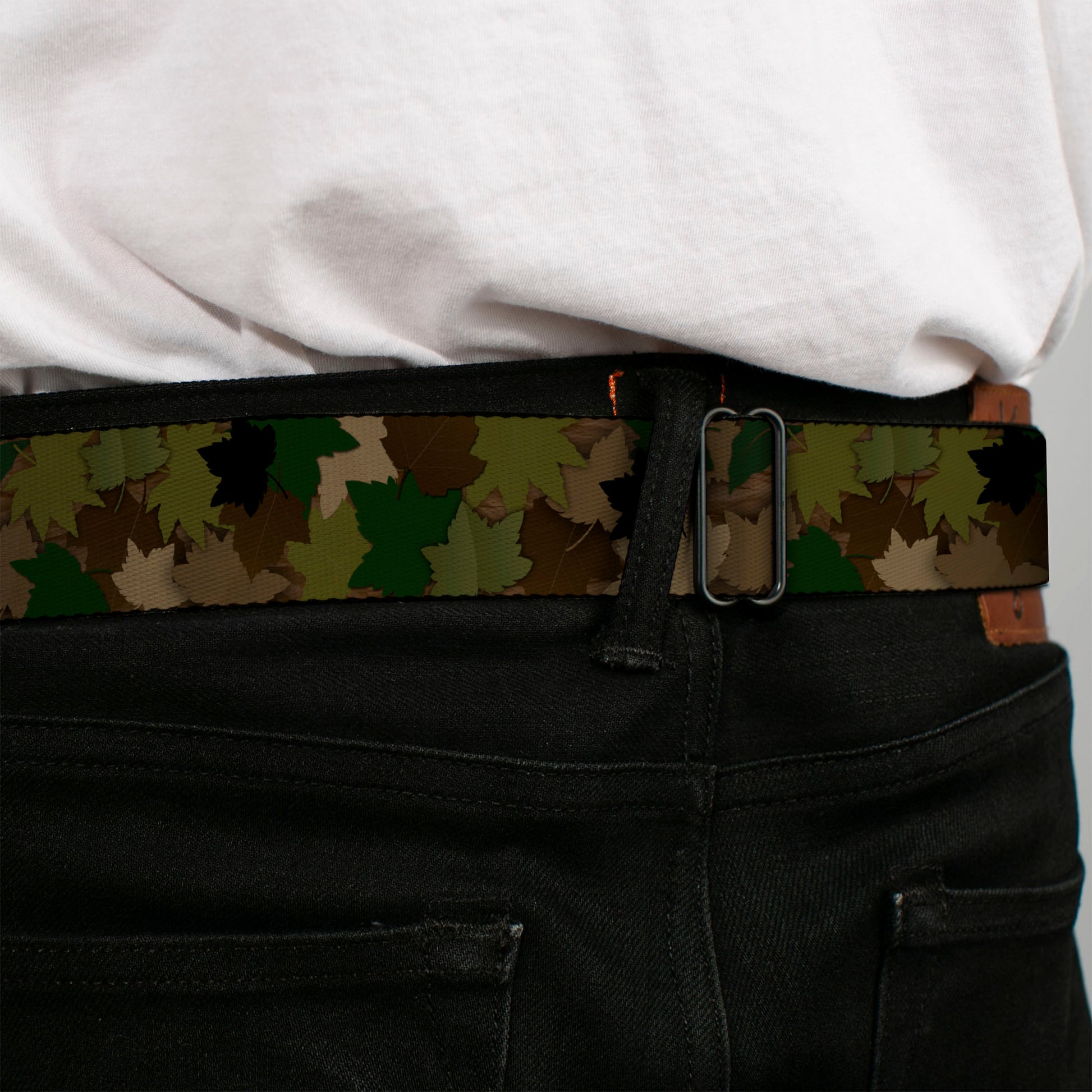BD Wings Logo CLOSE-UP Full Color Black Silver Seatbelt Belt - Leaf Camo Browns/Greens/Black Webbing Seatbelt Belts Buckle-Down