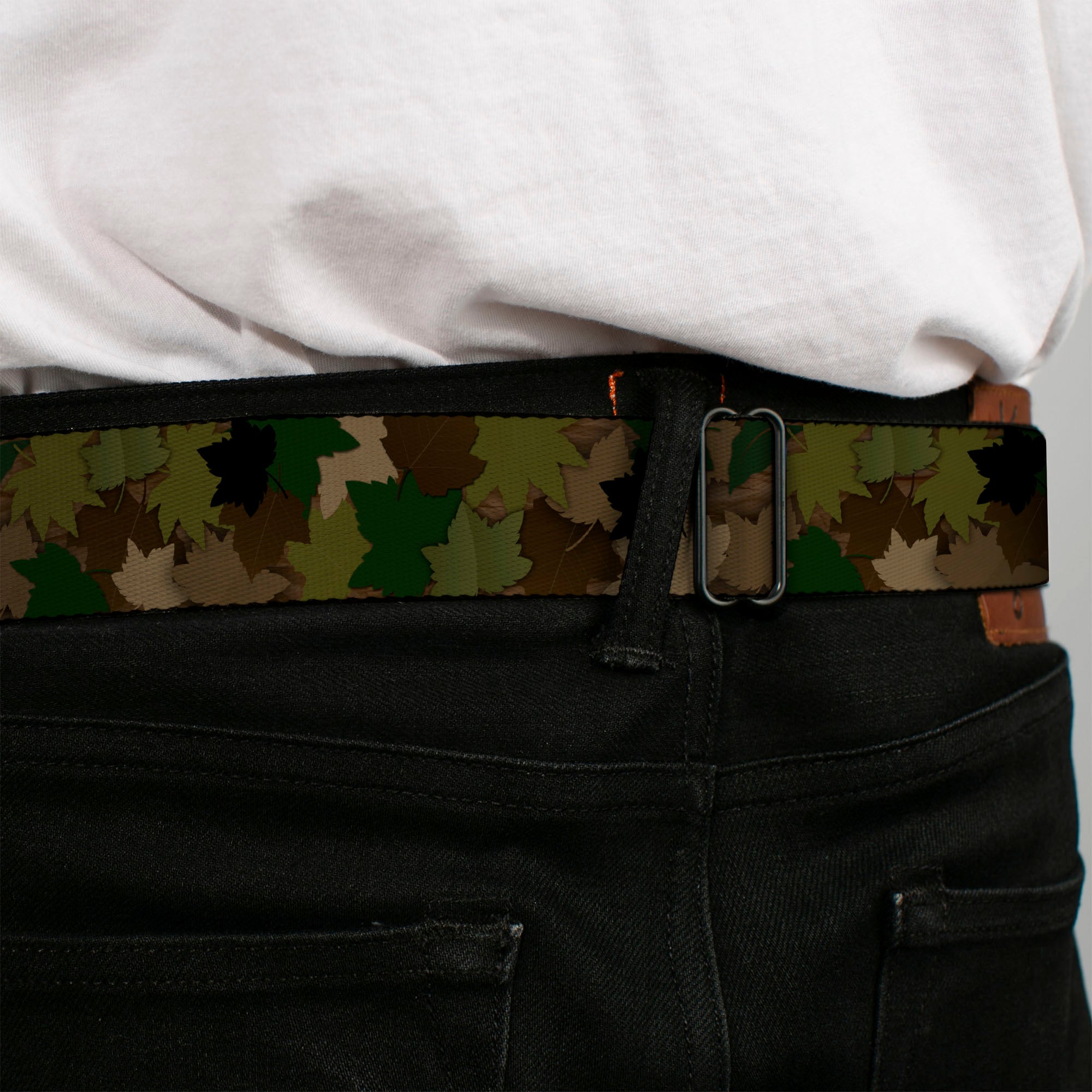 BD Wings Logo CLOSE-UP Full Color Black Silver Seatbelt Belt - Leaf Camo Browns/Greens/Black Webbing Seatbelt Belts Buckle-Down