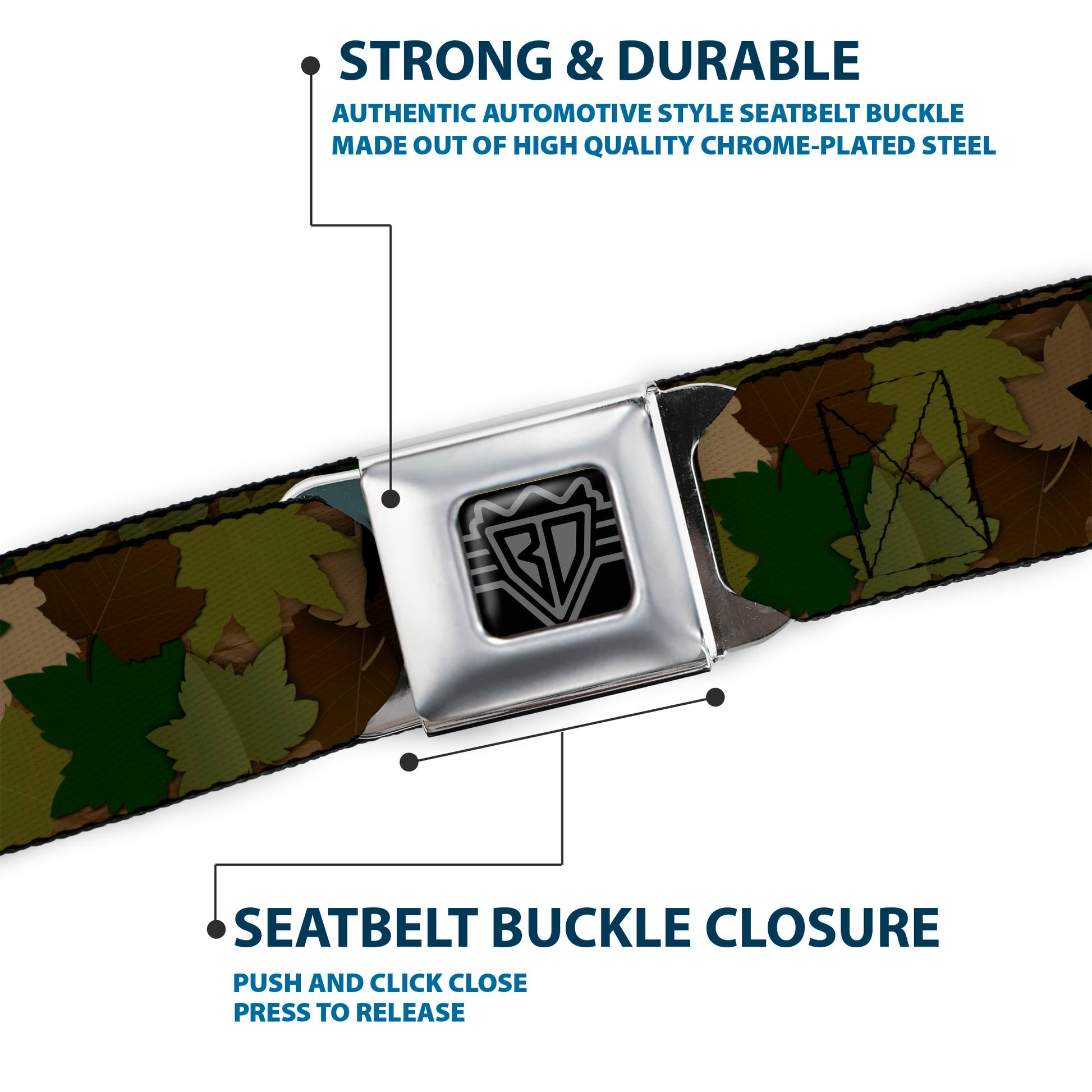 BD Wings Logo CLOSE-UP Full Color Black Silver Seatbelt Belt - Leaf Camo Browns/Greens/Black Webbing Seatbelt Belts Buckle-Down