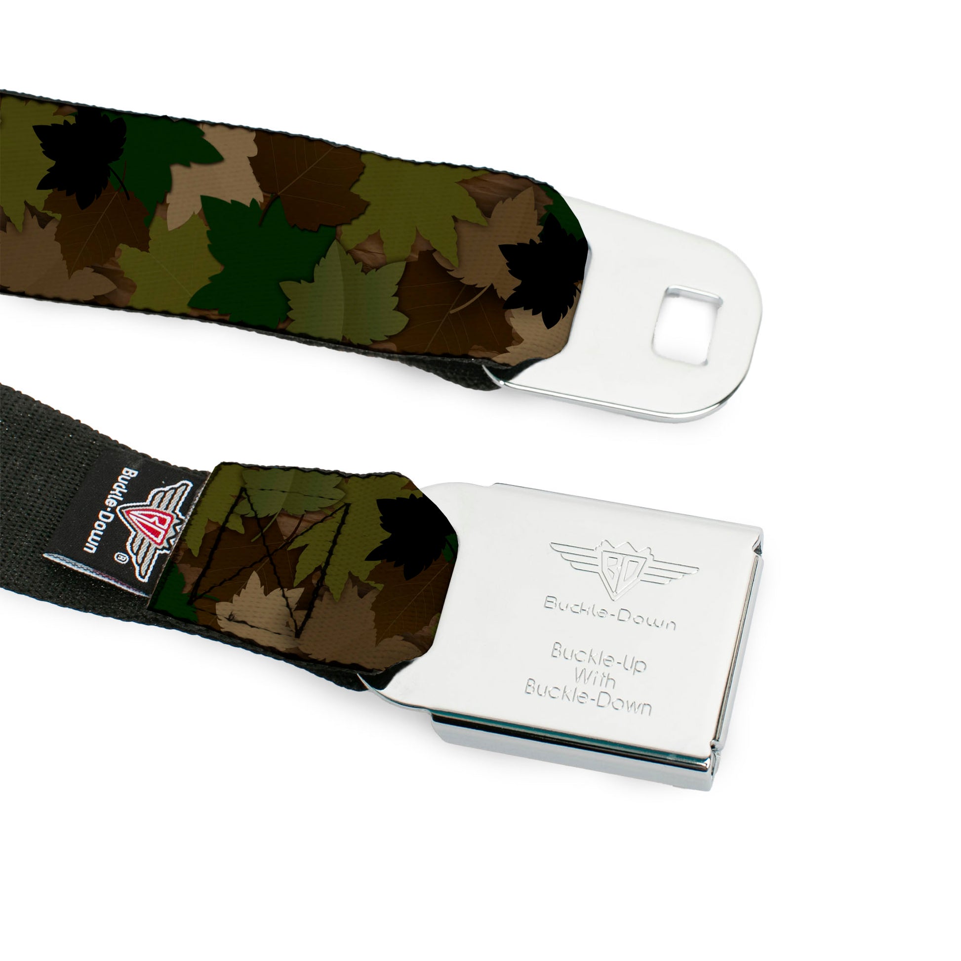 BD Wings Logo CLOSE-UP Full Color Black Silver Seatbelt Belt - Leaf Camo Browns/Greens/Black Webbing Seatbelt Belts Buckle-Down