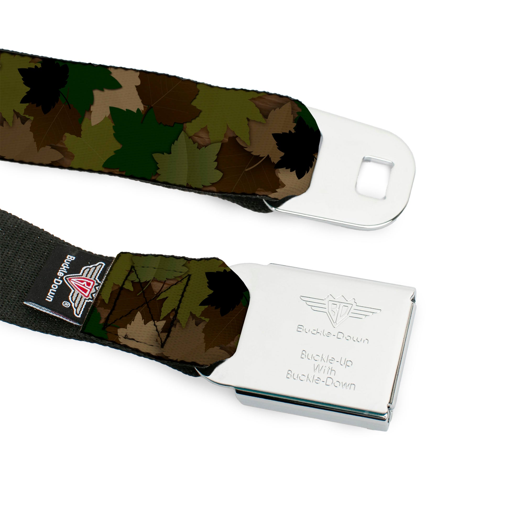BD Wings Logo CLOSE-UP Full Color Black Silver Seatbelt Belt - Leaf Camo Browns/Greens/Black Webbing Seatbelt Belts Buckle-Down