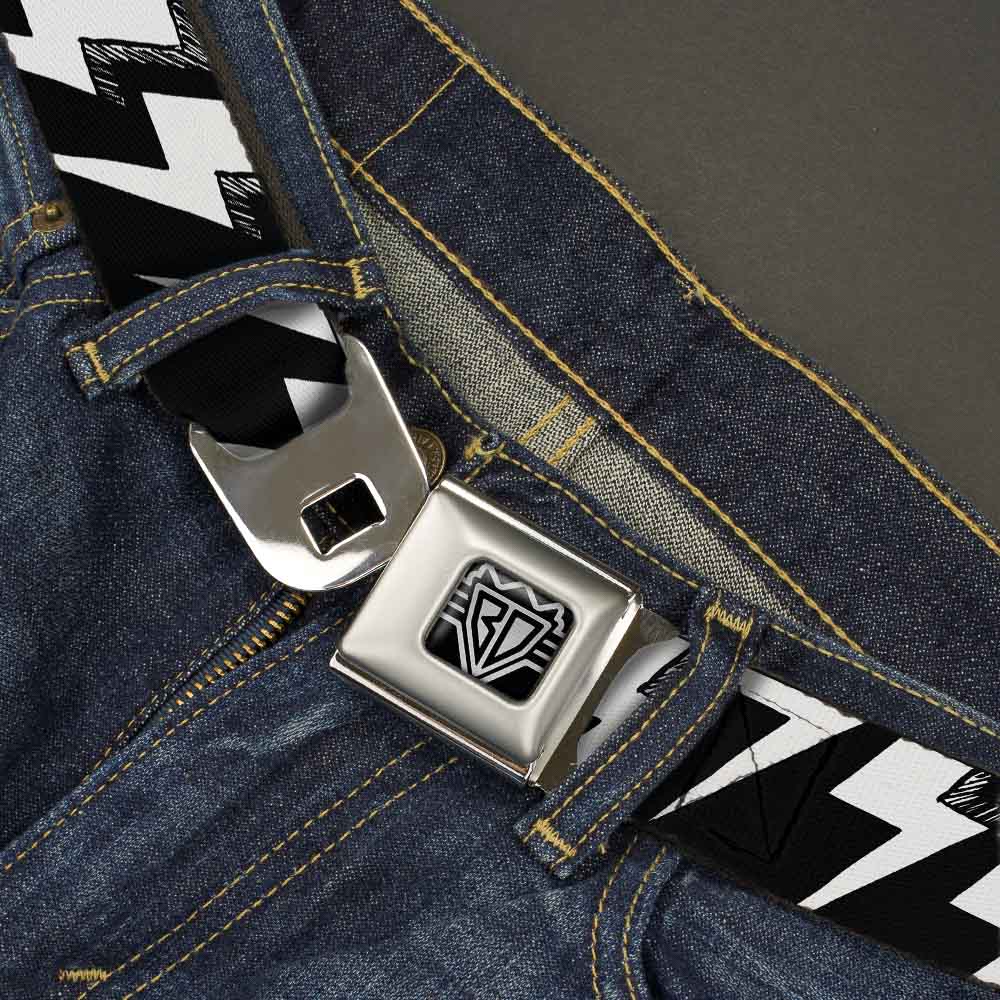 BD Wings Logo CLOSE-UP Full Color Black Silver Seatbelt Belt - Lightning Bolts Sketch Black/White Webbing Seatbelt Belts Buckle-Down