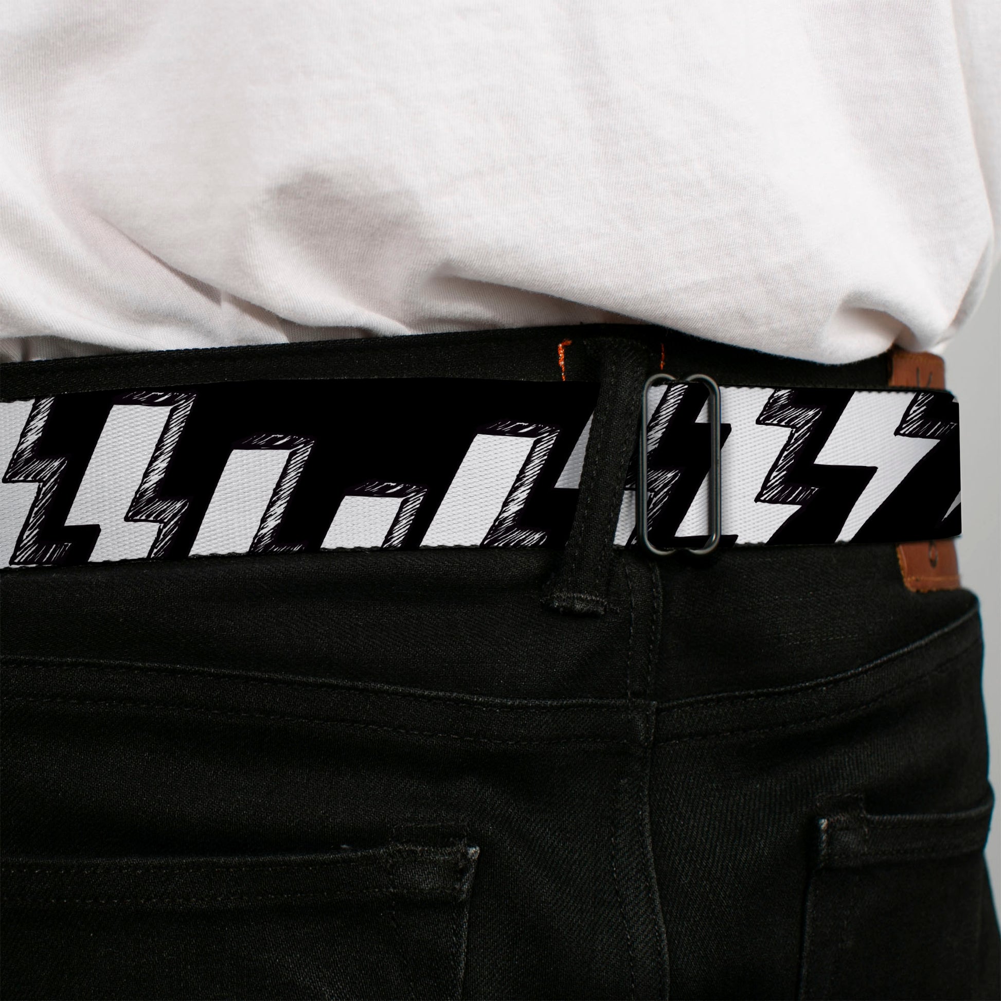BD Wings Logo CLOSE-UP Full Color Black Silver Seatbelt Belt - Lightning Bolts Sketch Black/White Webbing Seatbelt Belts Buckle-Down