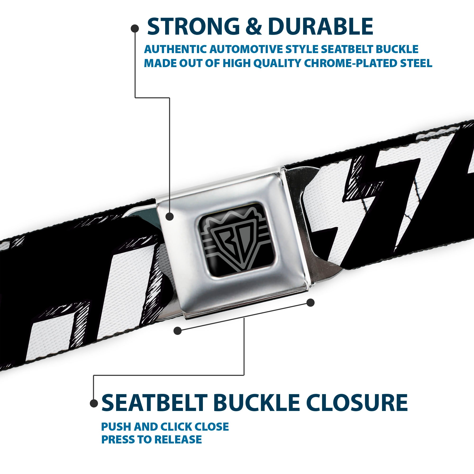 BD Wings Logo CLOSE-UP Full Color Black Silver Seatbelt Belt - Lightning Bolts Sketch Black/White Webbing Seatbelt Belts Buckle-Down
