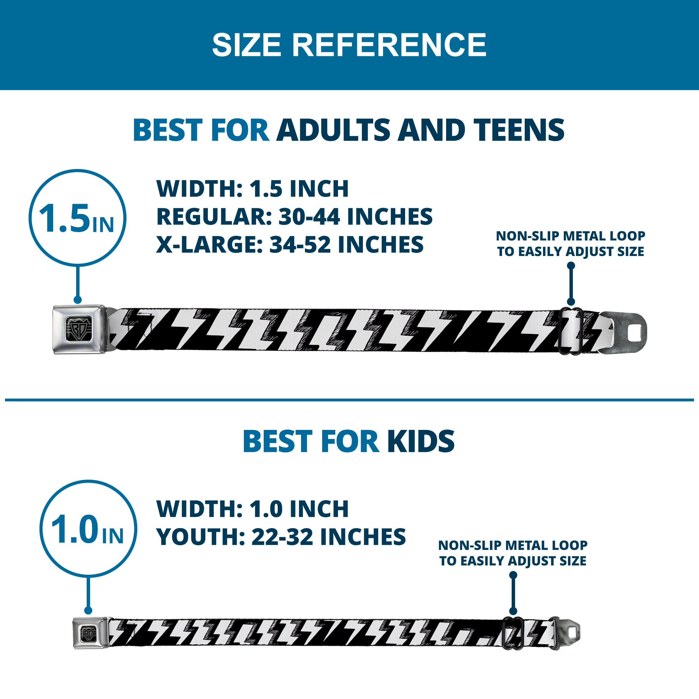 BD Wings Logo CLOSE-UP Full Color Black Silver Seatbelt Belt - Lightning Bolts Sketch Black/White Webbing Seatbelt Belts Buckle-Down