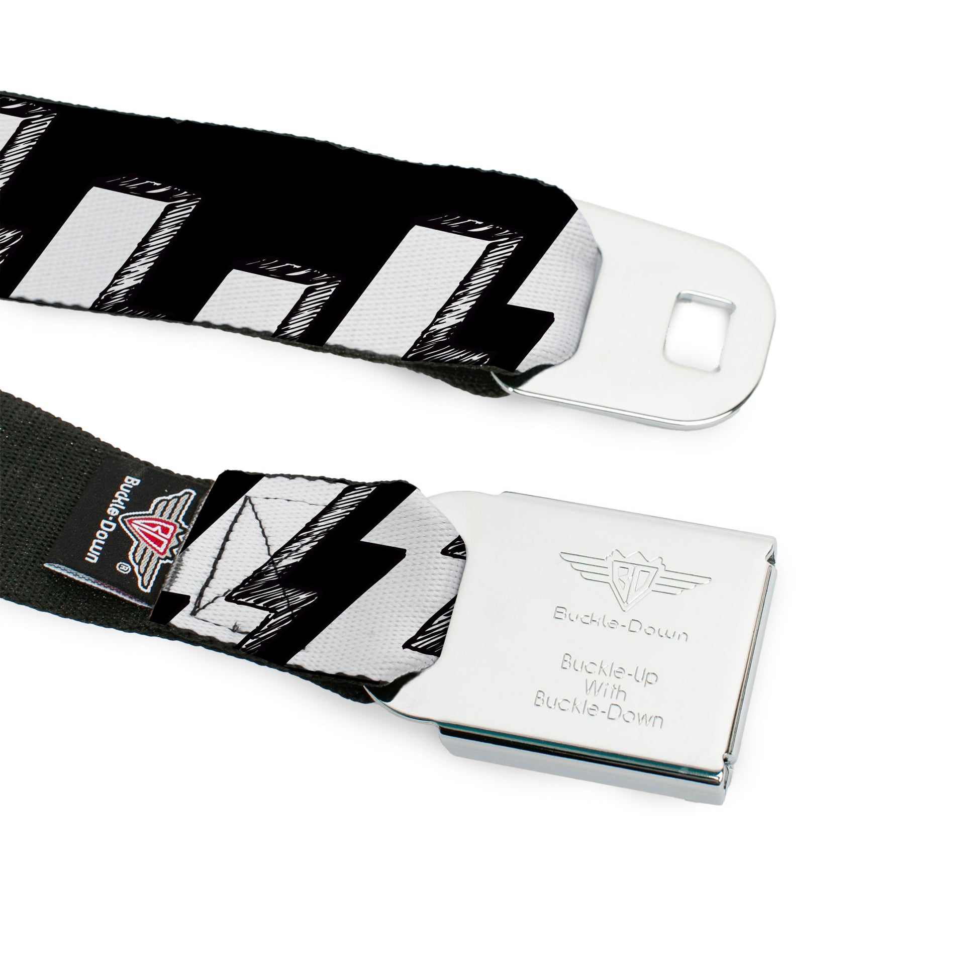 BD Wings Logo CLOSE-UP Full Color Black Silver Seatbelt Belt - Lightning Bolts Sketch Black/White Webbing Seatbelt Belts Buckle-Down